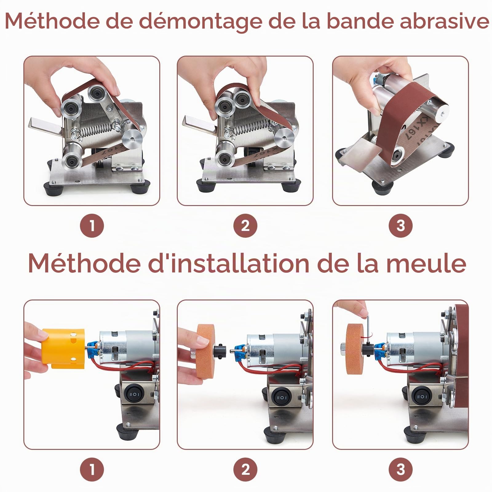 Mini Ponceuse à Bande, Ponceuse Stationnaire, Vitesse Réglable à 7 Vitesses Avec Bande Abrasive, Meules Et Meules De Polissage Pour Le Métal, Le Bois, Bricolage, Outils Et Affûtage