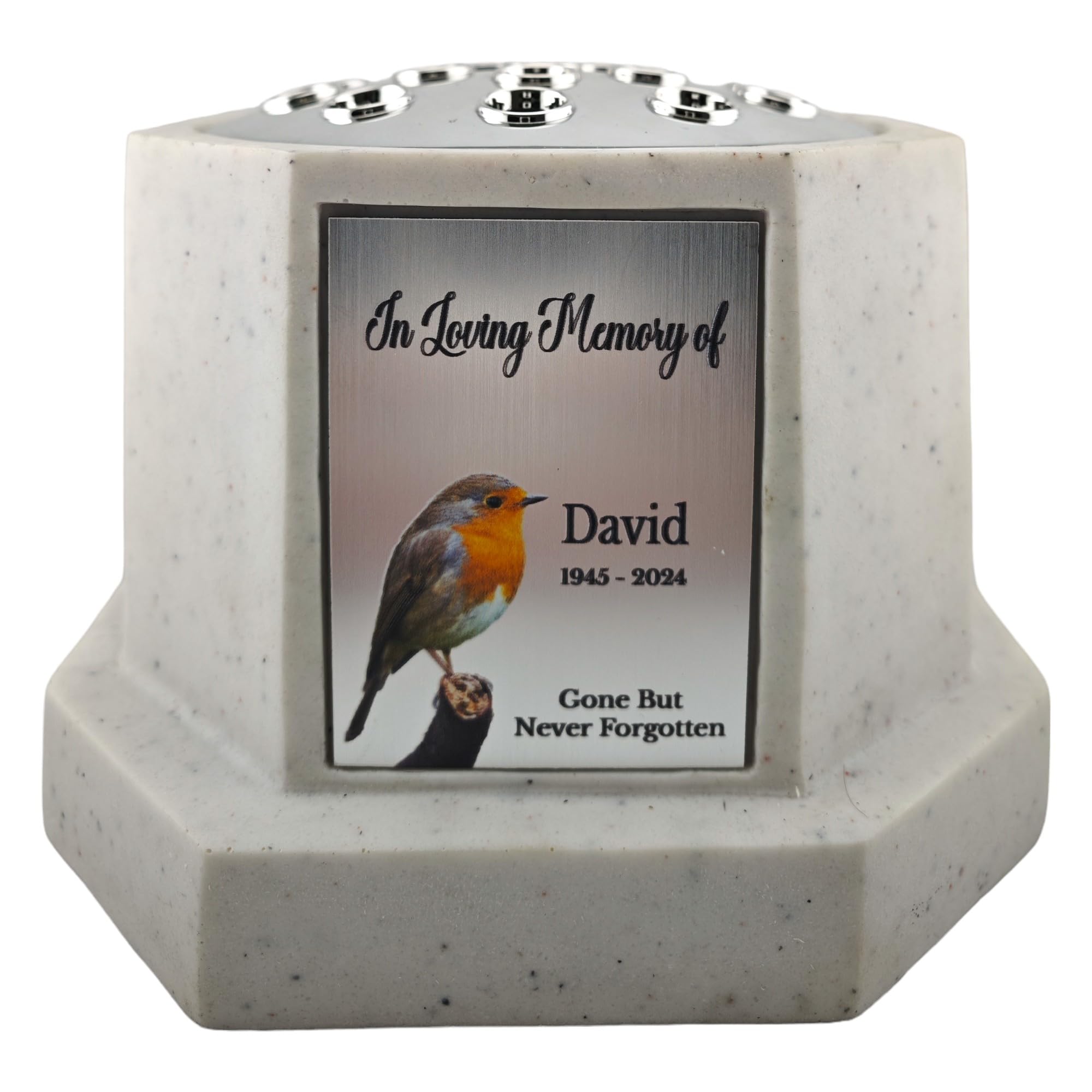1stclassgifts Personalised Printed White or Black Memorial Rose Bowl Grave Marker Flower Pot Vase Robin Design (UV PRINTED) (White, SIlver Lid/Silver Plate)
