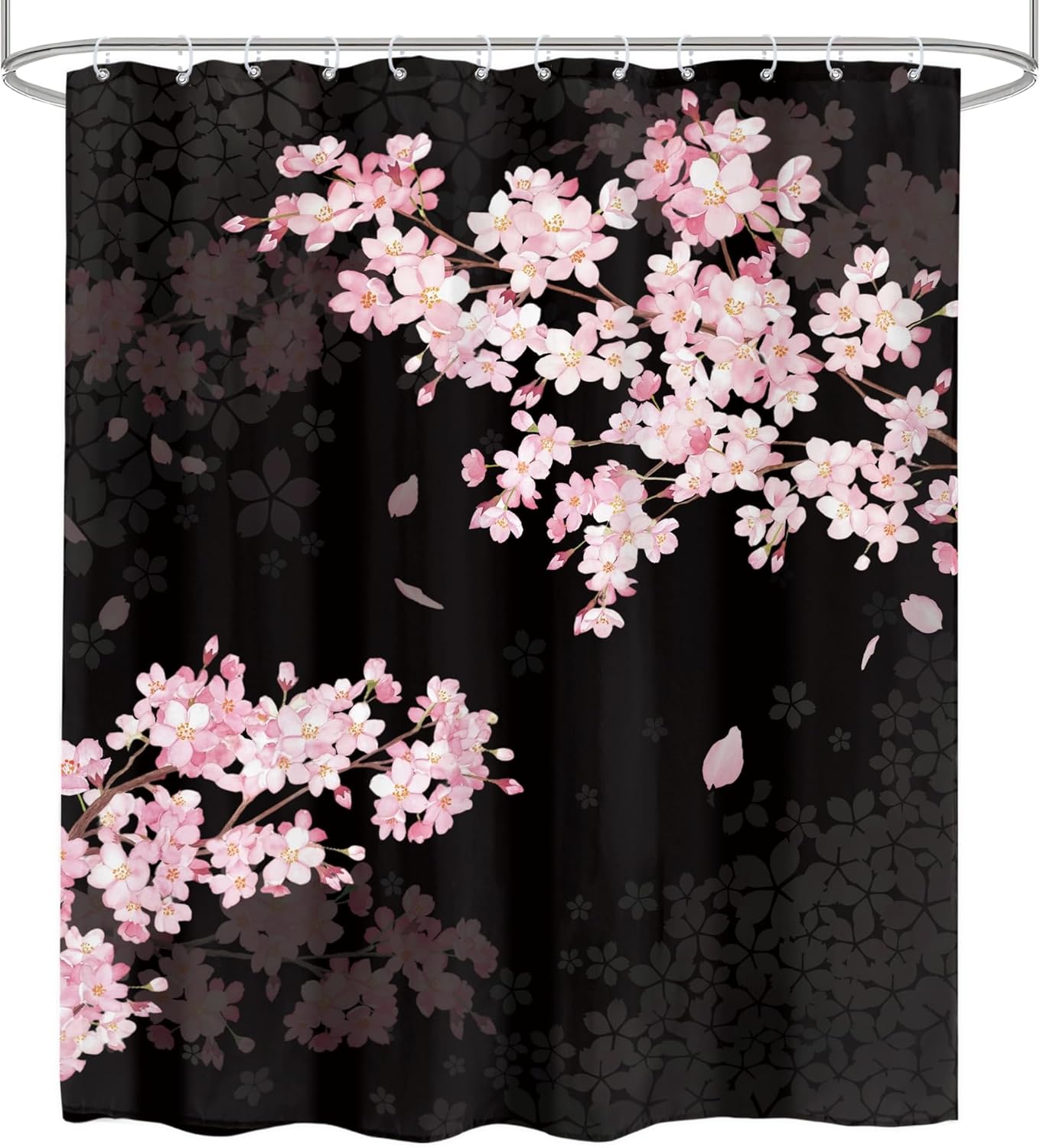 LIGHTINHOME Black Cherry Blossom Shower Curtain 60Wx72H Inches Sakura Pink Floral Blooming Flower Spring Japanese Asian Aesthetic Fabric Waterproof Polyester Bathroom Home Decor Set with Hooks
