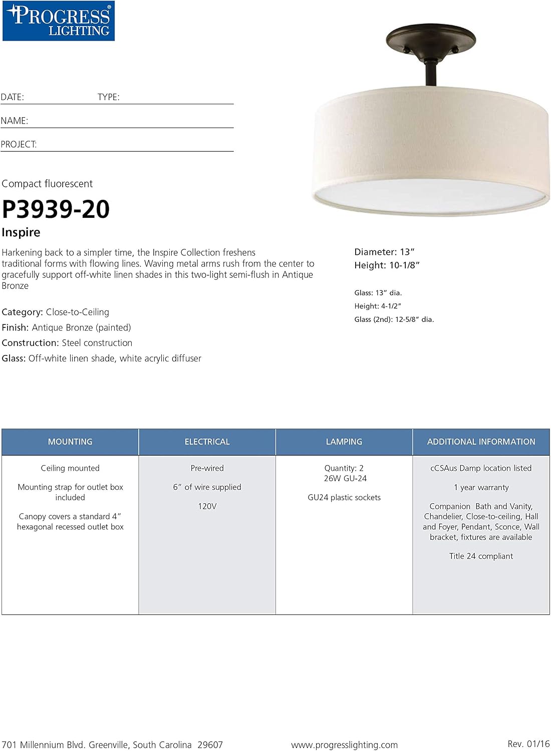 Progress Lighting P3939-20 Two Light Drum Shade, Antique Bronze