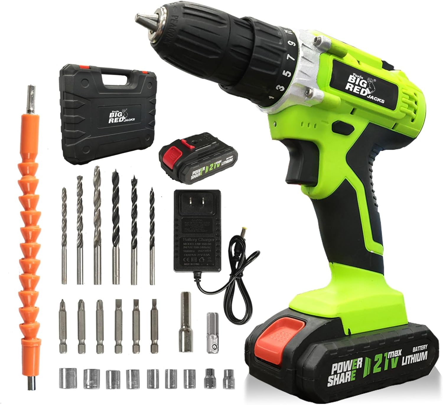 BIG RED LL-01 Torin 21V Cordless Power Drill Set: 3/8"Keyless Chuck, 2 Variable Speed, 25+1 Position, Electric Drill for Drilling and Screwing