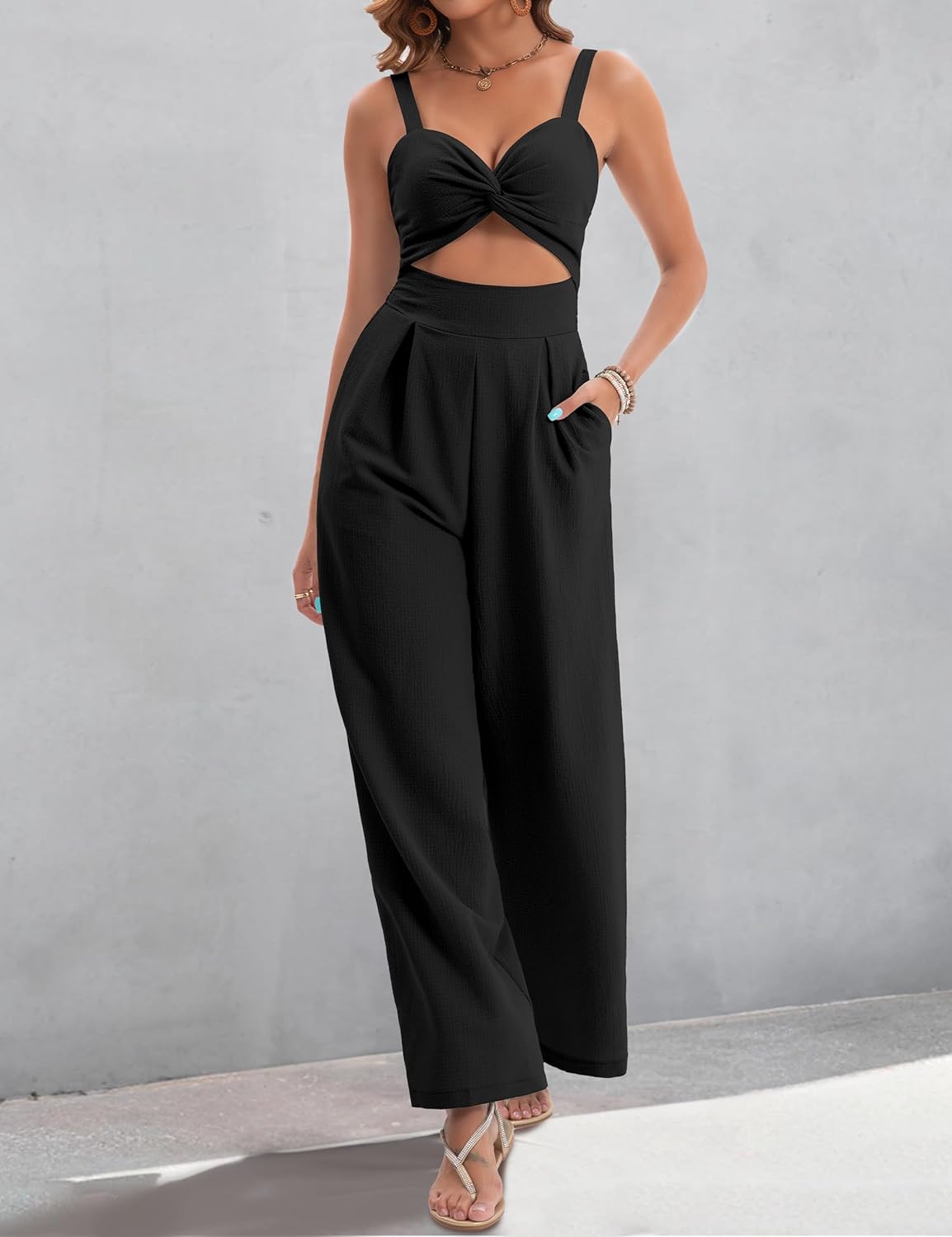 Womens Summer Jumpsuits Dressy Sexy V Neck Twist One Piece Outfits Sleeveless Casual Wide Leg Long Pant Rompers - Image 2