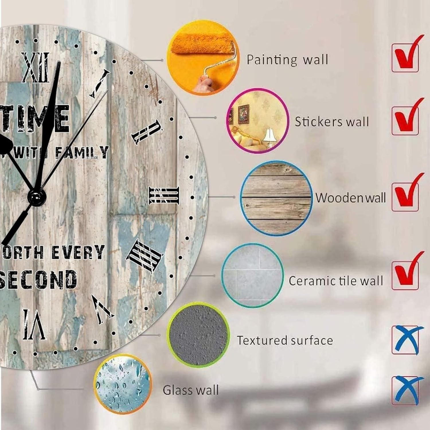 15x15in Round Wood Country Rustic Wall Clock Time Spent with Family is Worth Every Second Roman Numerals Wooden Clock Silent Non-Ticking Battery Operated Large Clocks for Living Room Wall Decorate