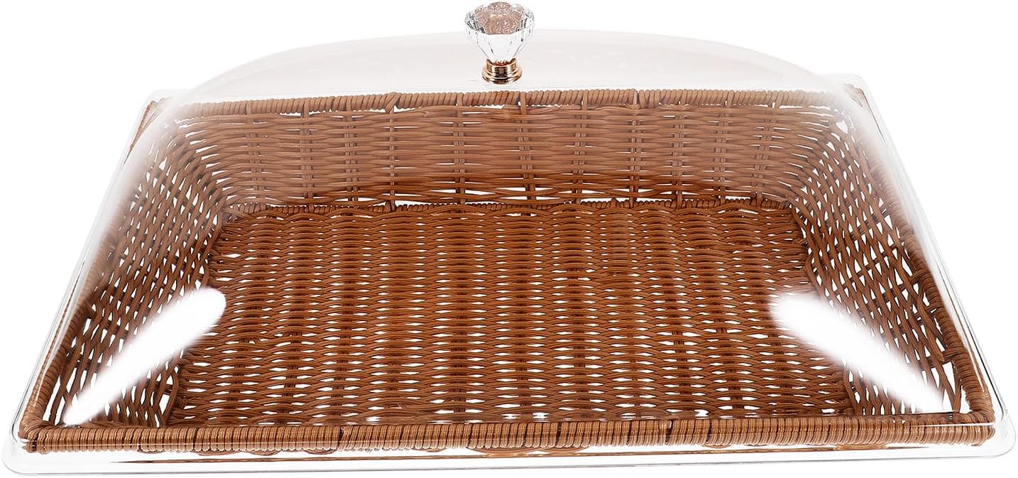Woven Food Storage Basket with Lid, Large Square Desktop Bread and Fruit Tray, Imitation Rattan Snack and Pastry Display Basket for Kitchen and Party Use