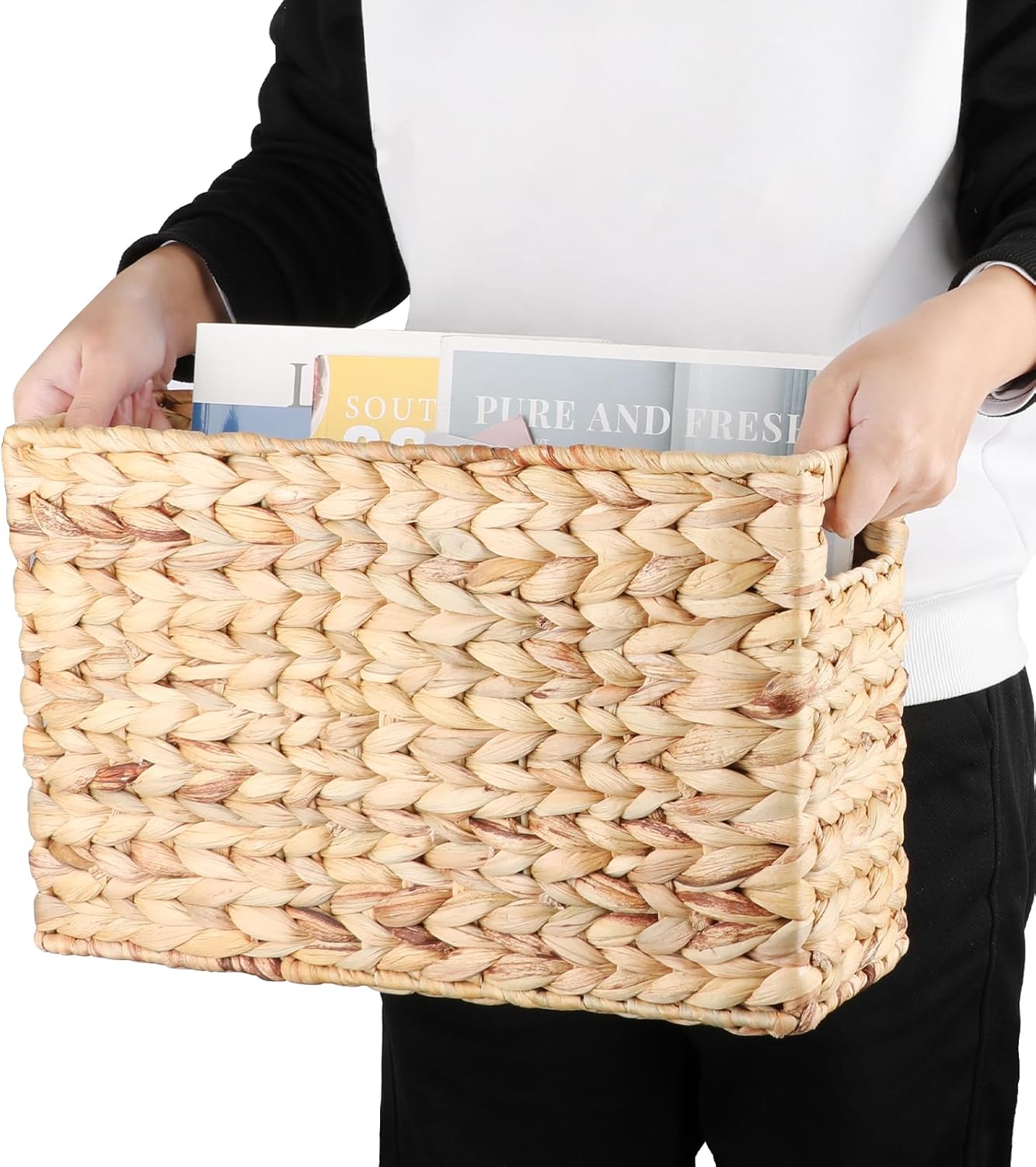 BTSKY Woven Magazine Holder, Water Hyacinth Magazine Basket, Natural Narrow Storage Basket Bin for Books & Files, Magazine Rack with Built-in-Handle for Home, Office & Desk - 15.4x5.5x9.8 Inch