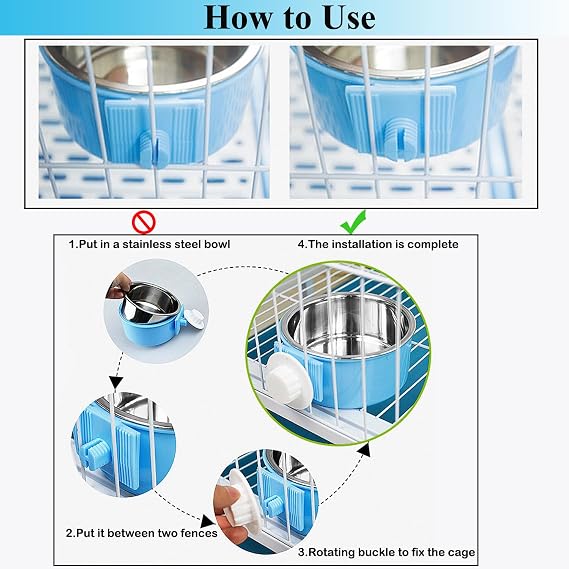 Mechpia 2 Pieces Crate Dog Bowl, Removable Stainless Steel Pet Kennel Hanging Food Water Feeder Bowl Cage Coop Cup for Puppy Medium Dog Cat Rabbit Ferret Bird (Blue,Green)