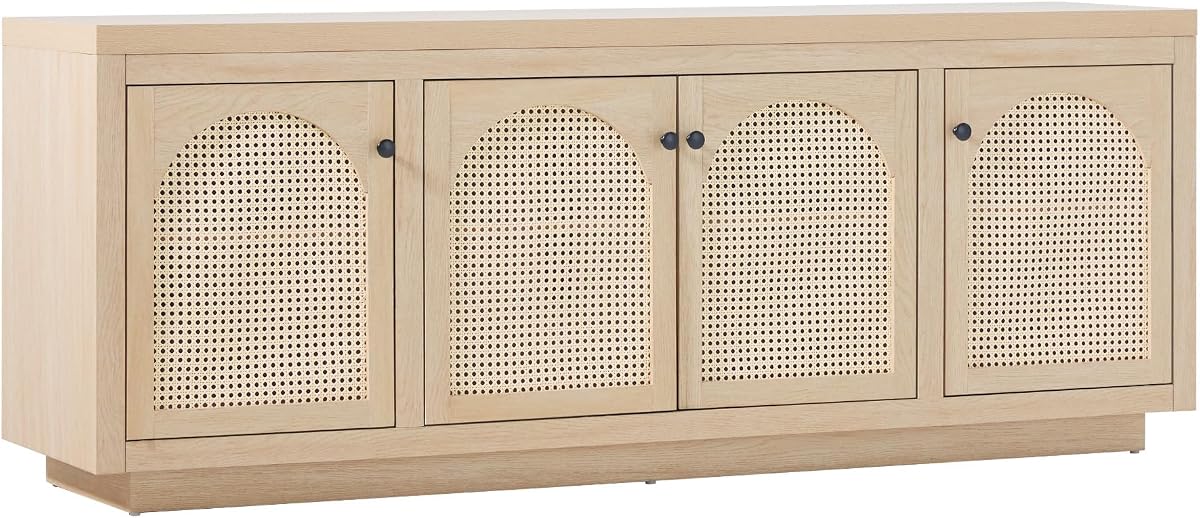 Walker Edison Sasha Aparador buffet de 4 puertas con paneles de ratán arqueados, 70 pulgadas, roble costero