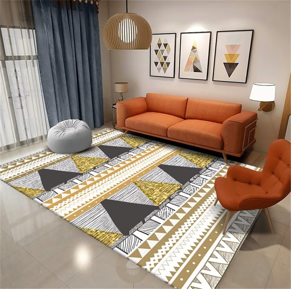 Tapis de salon poil court 200x200 cm gris et doré à motif géométrique moderne