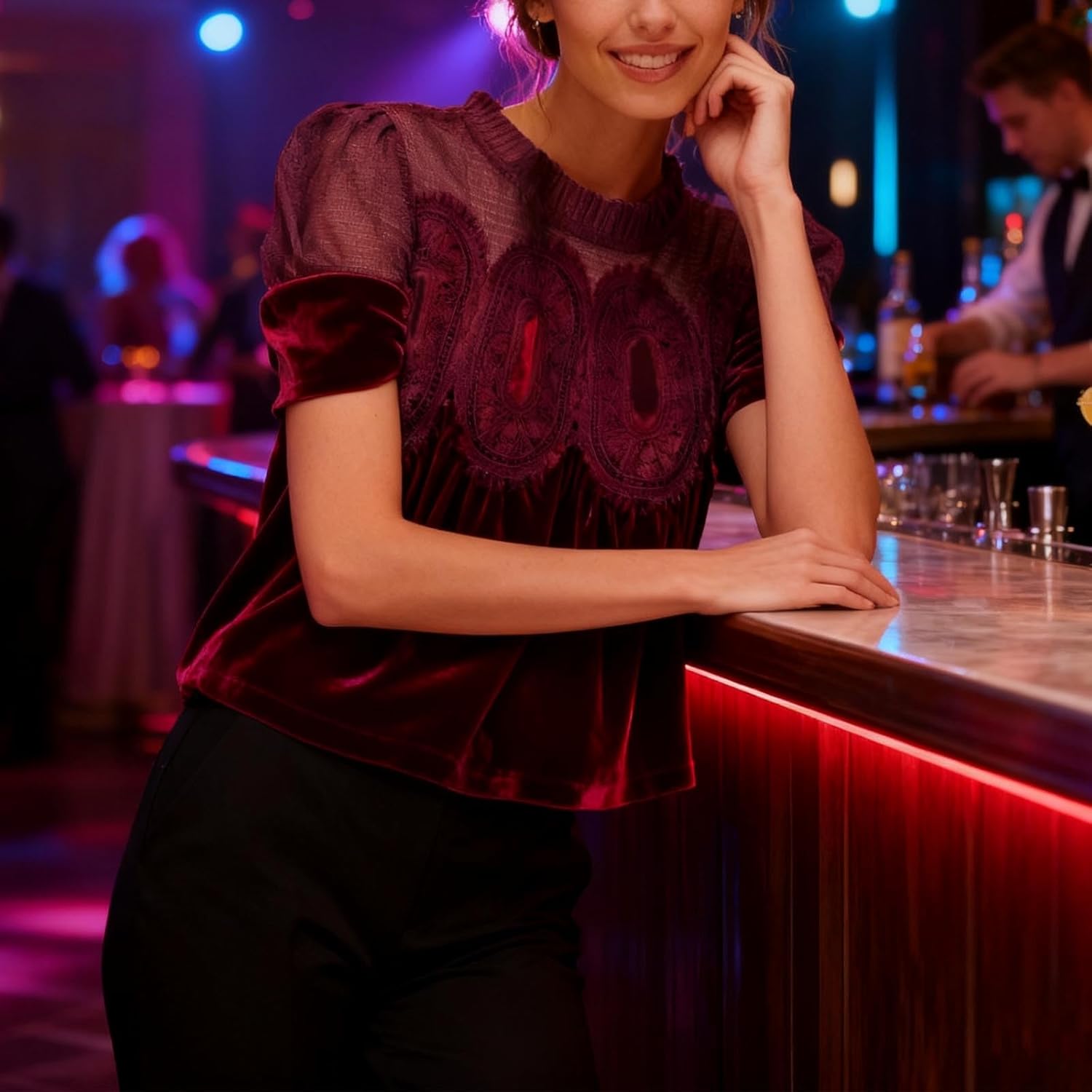 Women's Velvet Lace Blouses Short Sleeve Elegant Velour Tops Vintage Round Neck Flared Swing Mesh Shirt Tops - Image 5