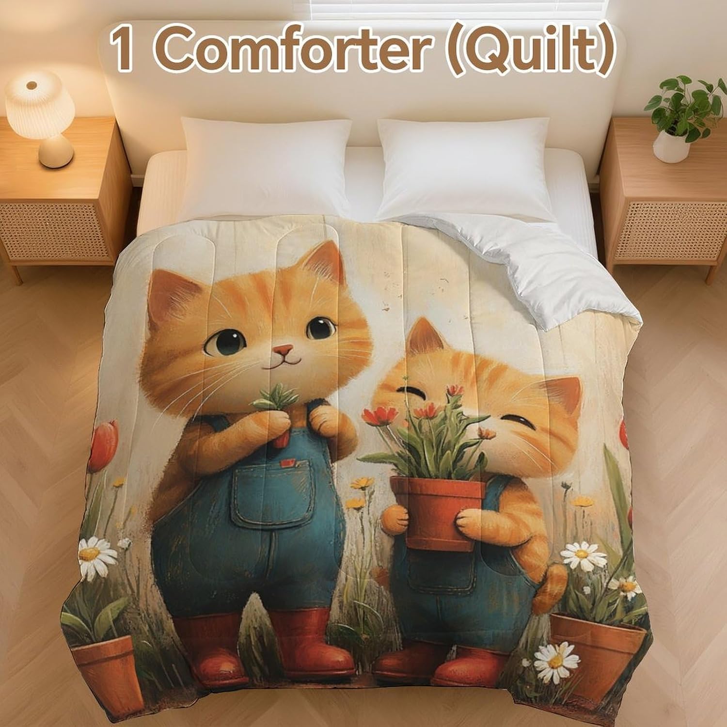 Cats in Garden Comforter Bedding Heavy Bed Blanket Soft Warm Fluffy All Seasons Only Quilt 155x220cm