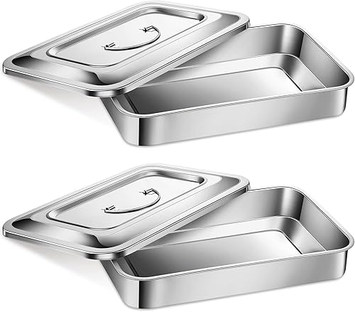 2 bandejas quirúrgicas médicas 201 de acero inoxidable para instrumentos dentales, organizador de bandeja de metal esterilizado con tapa y asa para