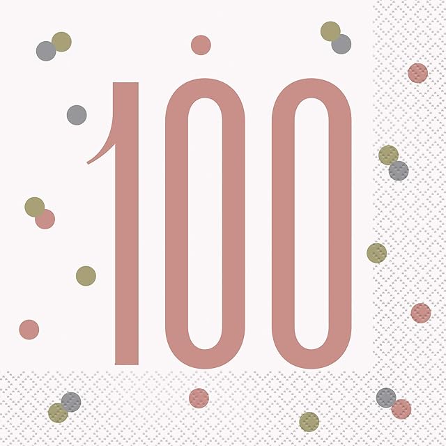Unique Party Birthday Lunch Paper Napkins - 6.5 x 6.5 Glittery Rosegold 16 Pcs. Age 100