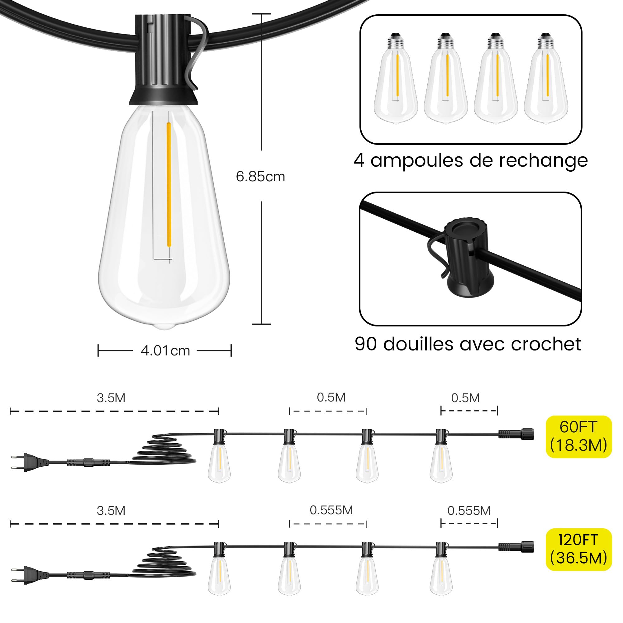 Guirlande Lumineuse Guinguette Exterieur 54M - ST38 180FT 90+4 LED Ampoules de Guirlandes Jardin Lumiere Exterieure Connectable IP65 Imperméable Guirlande Lumières Extérieur Terrasse Pergola Balcon