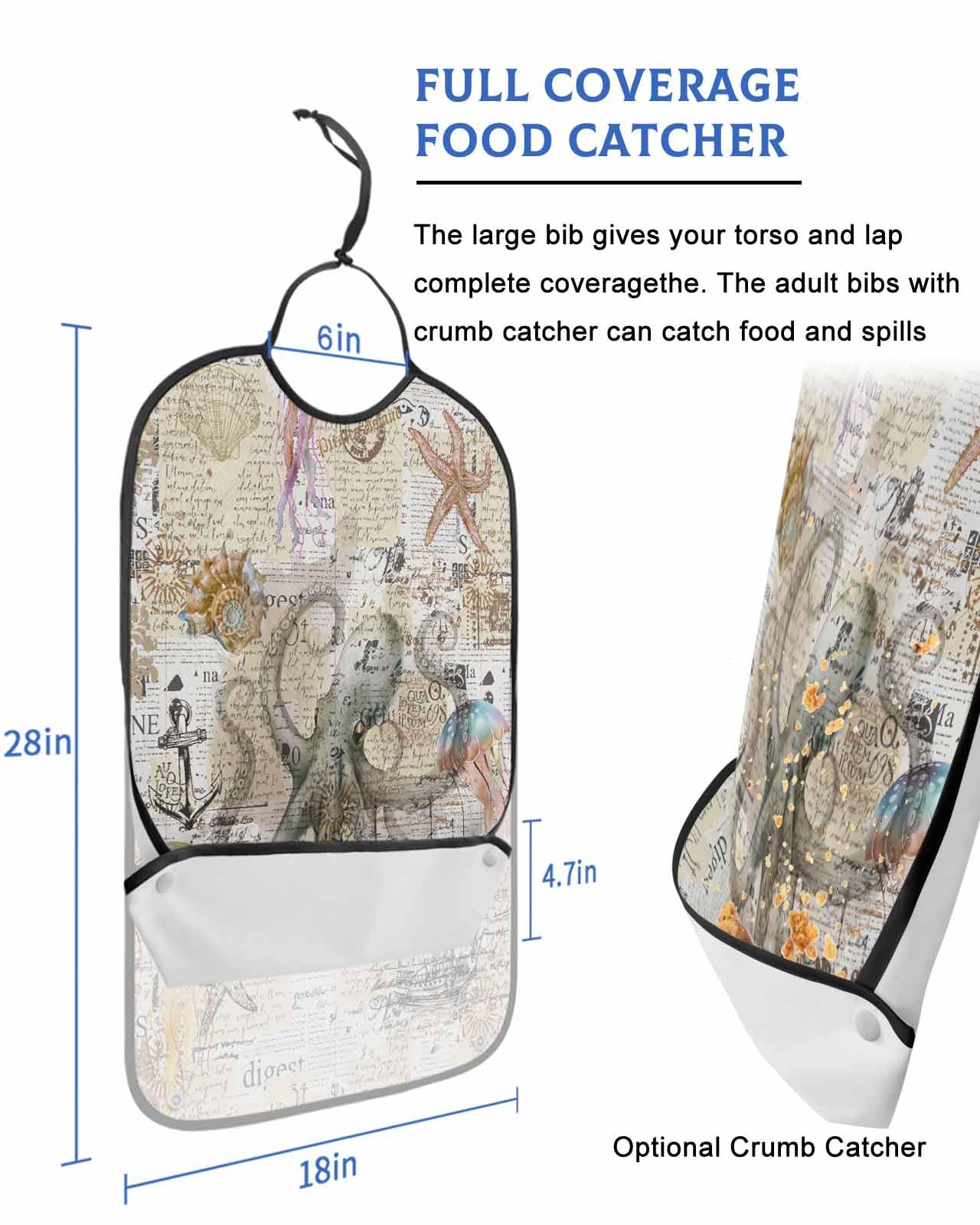 LEOKOTI Coastal Octopus Adult Bibs for Eating, Waterproof Bibs with Food Catcher & Adjustable Snap Closure, Vintage Nautical Summer Beach Starfish Washable Clothing Protectors Adult Bibs for Elderly