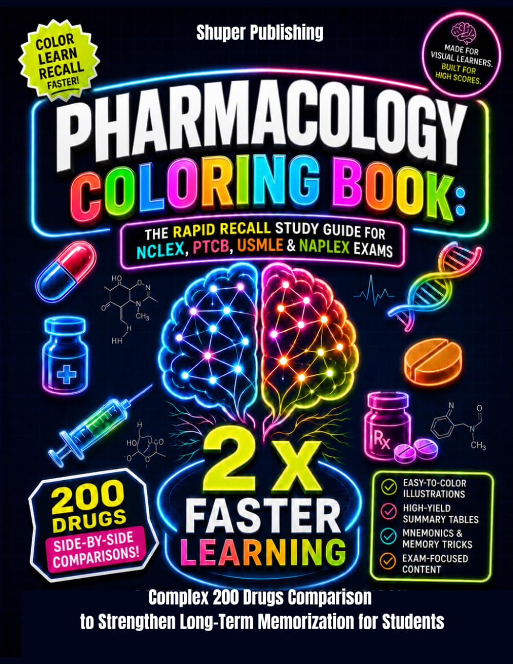 Pharmacology Coloring Book: The Rapid Recall Study Guide for NCLEX, PTCB, USMLE & NAPLEX Exams: Complex 200 Drugs Comparison to Strengthen Long-Term Memorization for Students