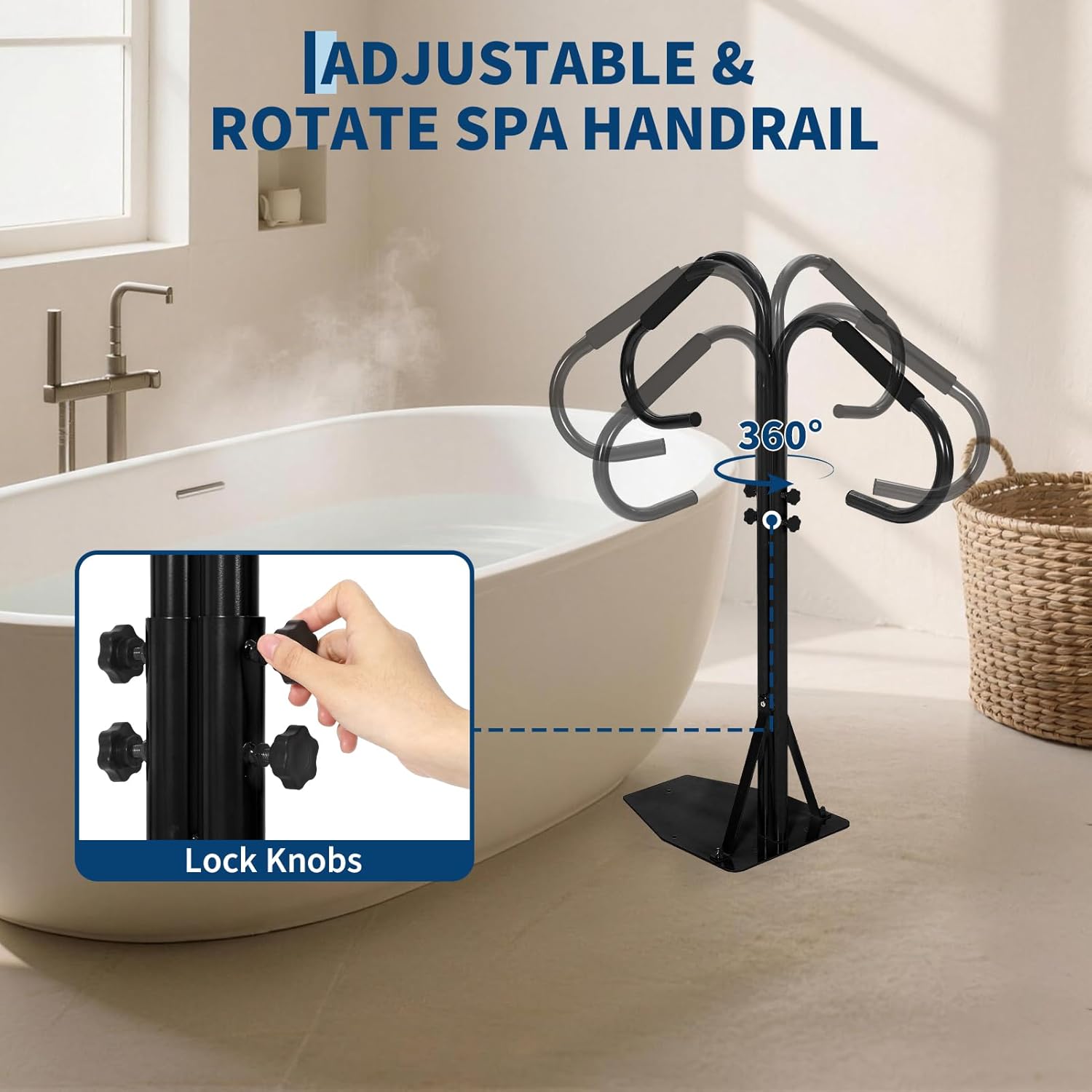 2-Way Hot Tub Handrail, 360° Swivel Spa Side Handrail with Slide Under Mount Base, 38"-58" Adjustable Height Safety Grab Bar, 600LBS Heavy Duty Hot Tub Hand Rail for Indoor/Outdoor Use