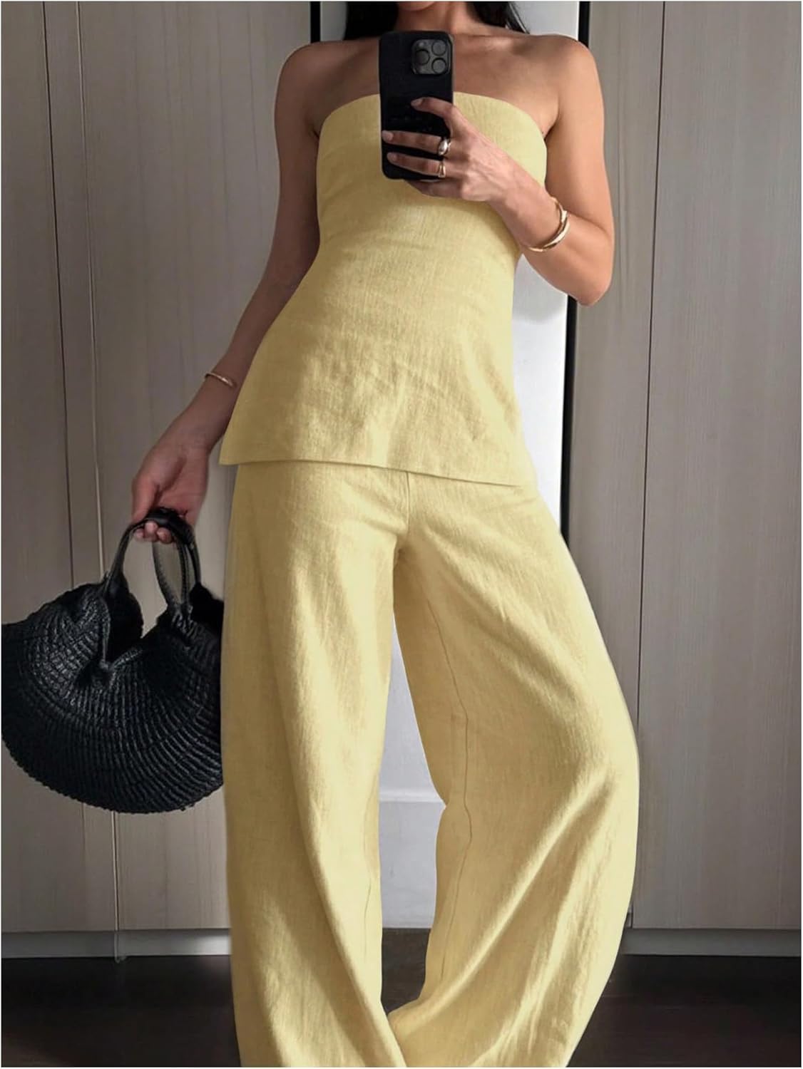 SOLY HUX Women's 2 Piece Outfit Strapless Tube Top and Wide Leg Pants Going Out Set
