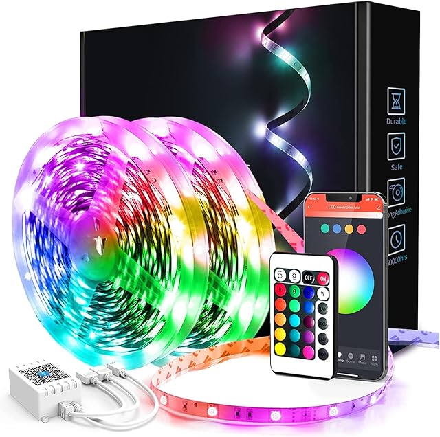 phopollo Led Strip Light, 20m led Light Strips with Remote & App,Music Sync Mode with Mic, Smart Flexible12v Led Lights for Bedroom Ceiling, Party,Stairs10Mx2