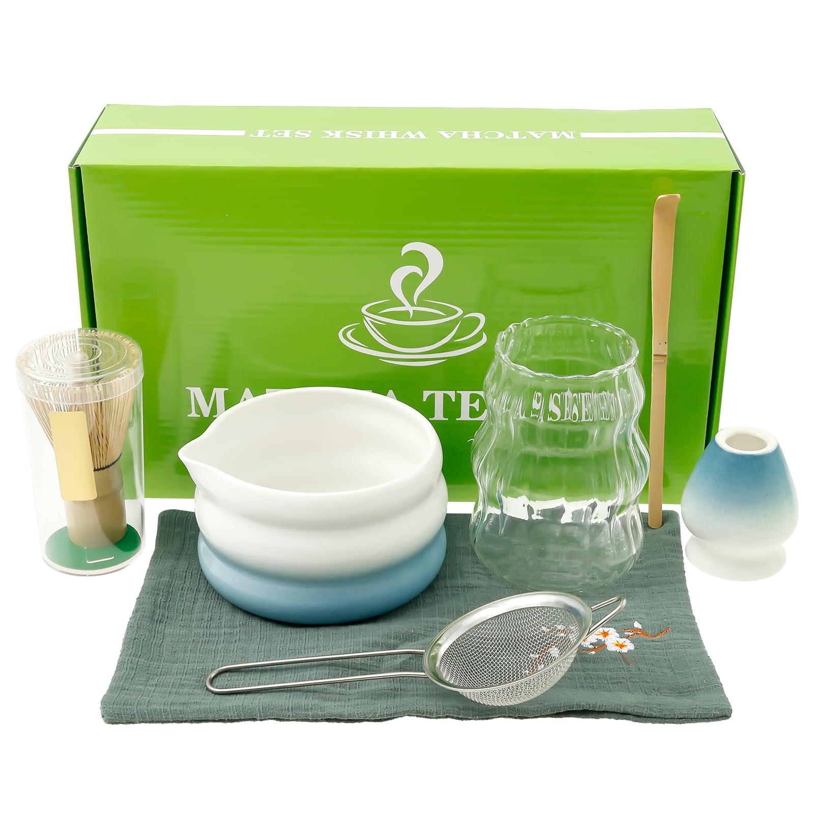 Set Matcha Japonais 7 Pièces - Bol, Fouet En Bambou, Cuillère, Passoire, Torchon - Cadeau Idéal Pour Amateur De Thé - 6