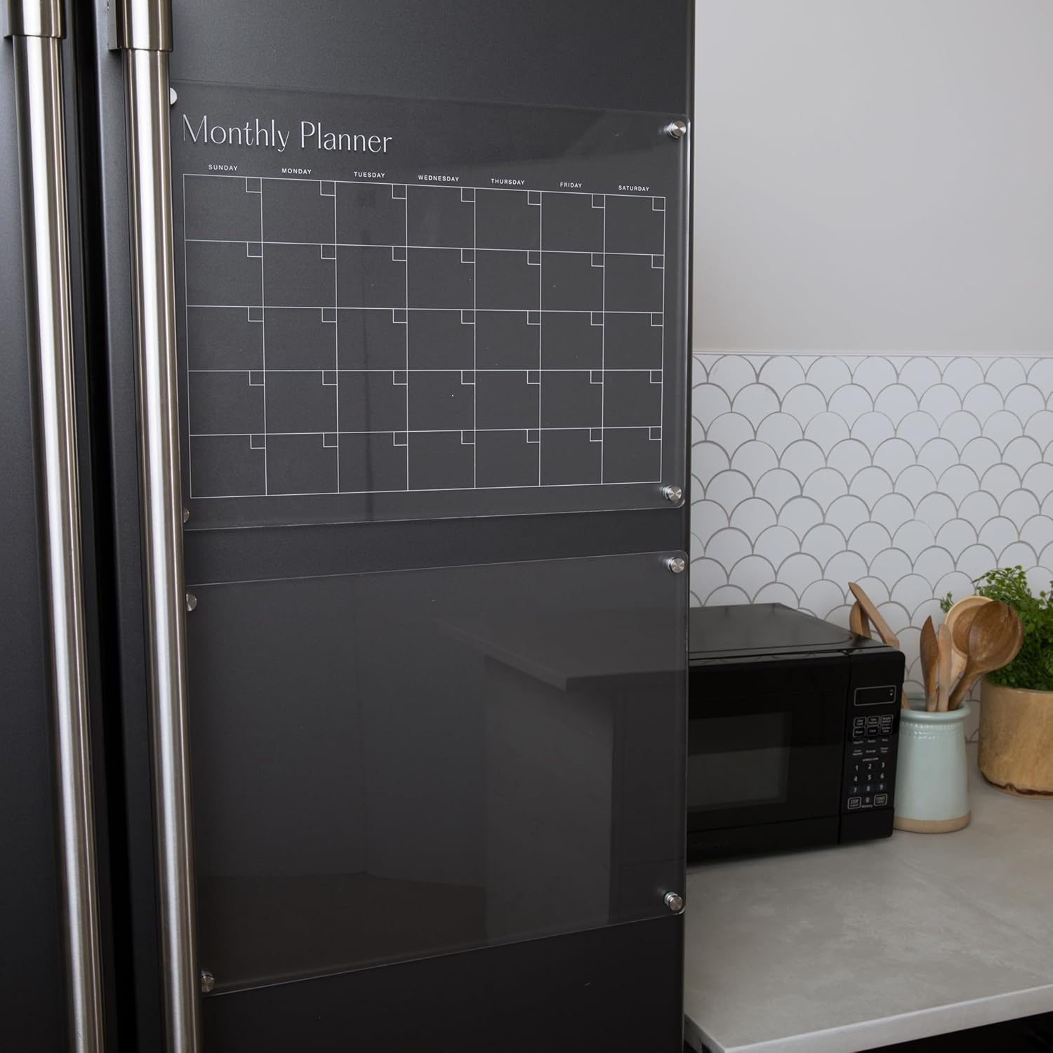 Clear Acrylic Calendar for Fridge with Notepad and Magnets and Suction Cups, Clear Set of 2 Reusable Dry Erase Boards for Fridge, Includes 1 Black Dry Erase Marker (15.75x11.75)