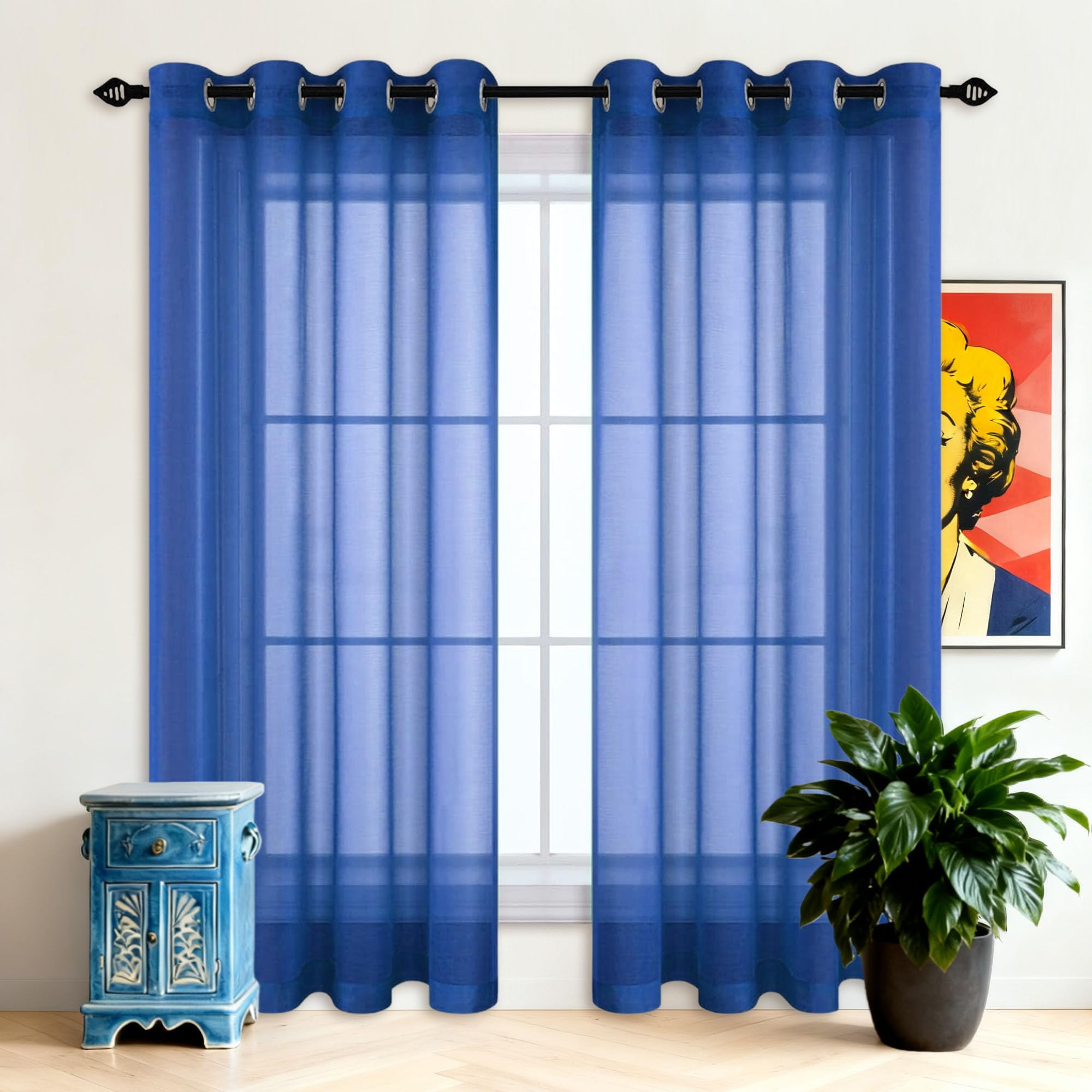 Voilage 250 x 155 cm bleu foncé à oeillets pour filtrer la lumière