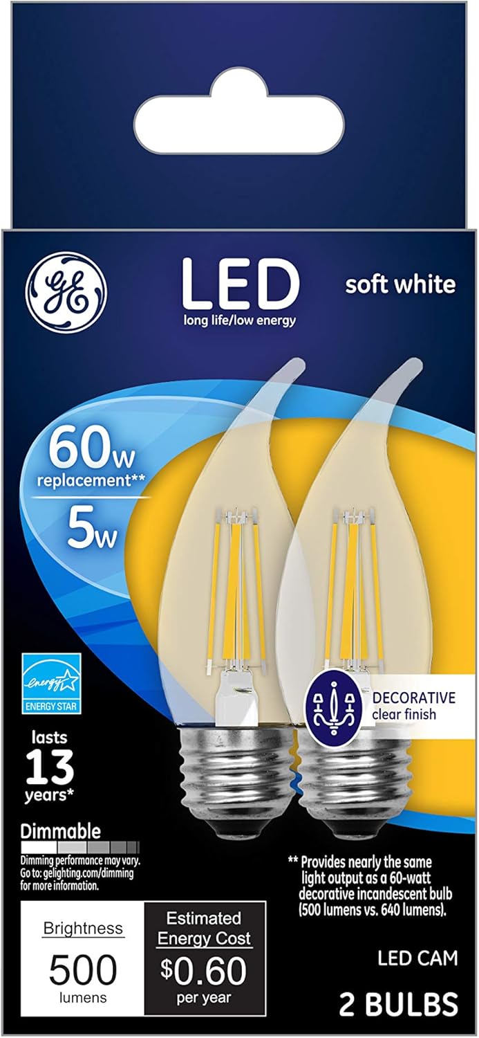 GE Lighting Dimmable Decorative Soft White LED 5-watt (60-watt Replacement), 500-Lumen Bent Tip Light Bulb with Medium Base Clear Finish Light Bulb, Soft White, 2-Pack