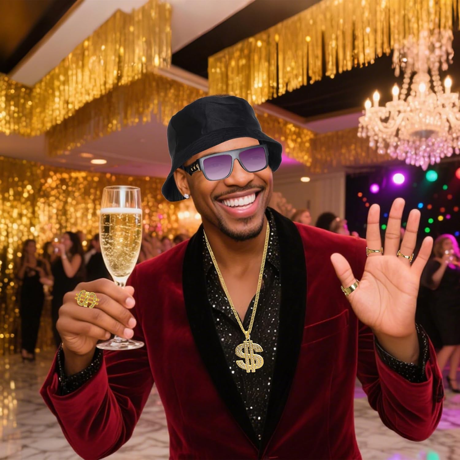 9 Pack 80s 90s Hip Hop Costumes Kit for Men, Gold Old School Rapper Sunglasses, Fake Gold Chain, Dollar Sign Ring&Chain, Bucket Hat Halloween Party Outfits Accessories - Image 5