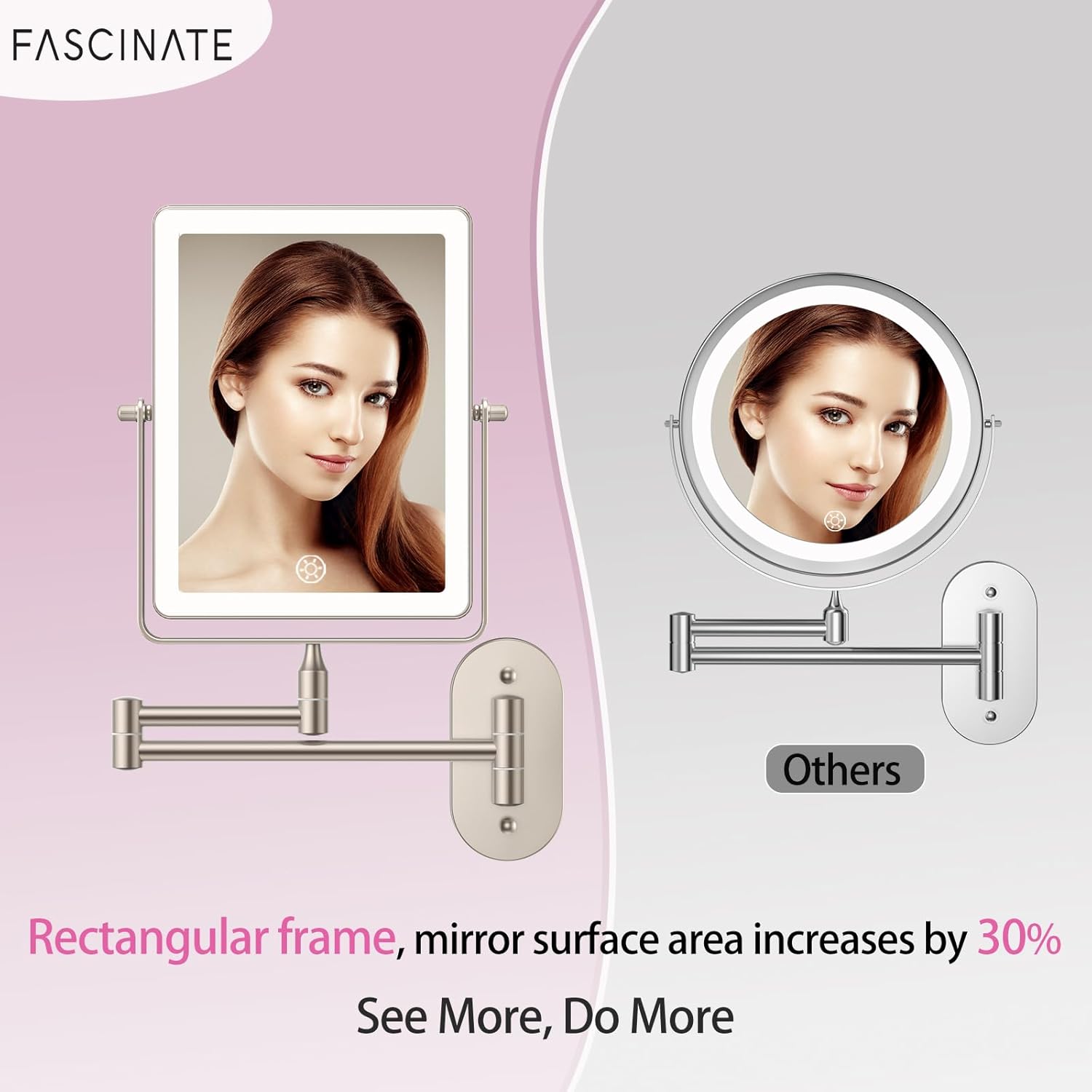 FASCINATE 5000mAh Rechargeable Wall Mounted Makeup Mirror, Bathroom Mirror Rectangle 8.7" Double Sided Touch Switch 1X 30X Magnifying, 3 Color Setting, Extended Arm 360° Swivel Foldable Nickel