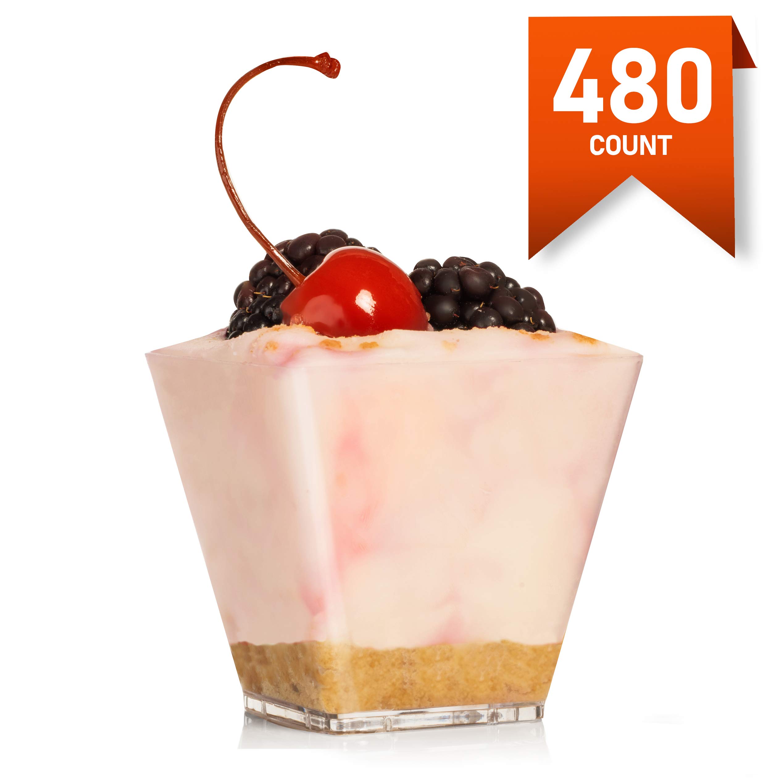 LSR LORESO 480 pcs Mini Square Dessert Cups 3.5 oz - Clear Plactis Square Cups, Perfect for Serving Desserts, Appetizers, Mousse and Small Portions - Reusable Pack of 480