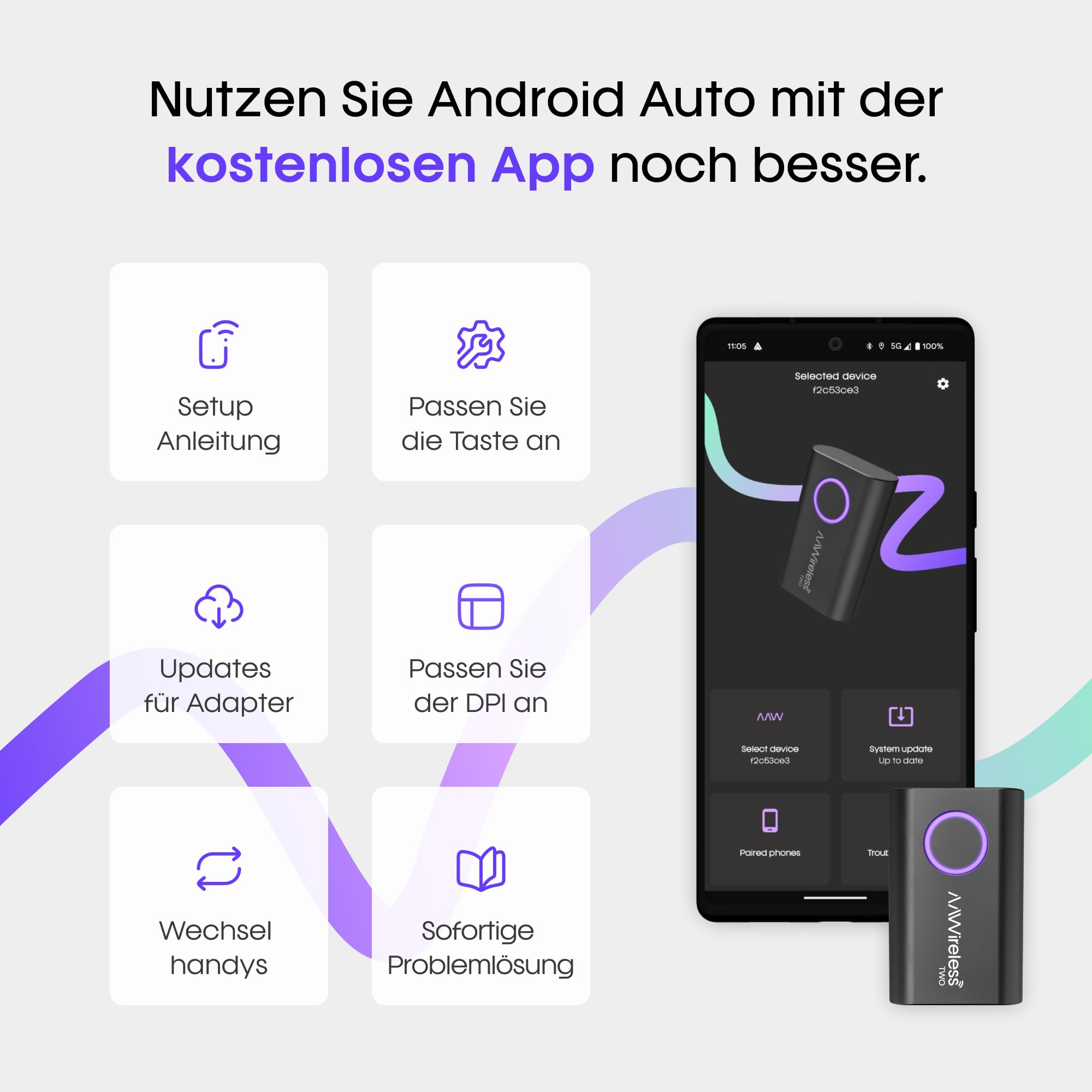 AAWireless Two Wireless Android Auto Adapter – Kabelloses Android Auto für Ihr Auto – Schnelle Verbindung ohne Kabel – Plug & Play – Stabile Verbindung – Multifunktionstaste