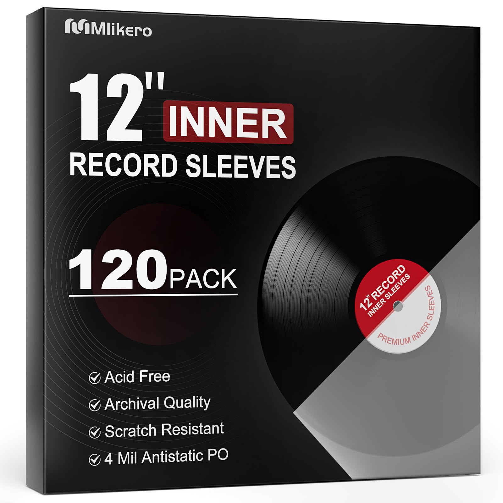 Mlikero 120 Vinyl Inner Sleeves, Anti Static 12" LP Vinyl Record Sleeves Inner, Premium Acid Free Record Inner Sleeves for 33 RPM Record Protection (Square)