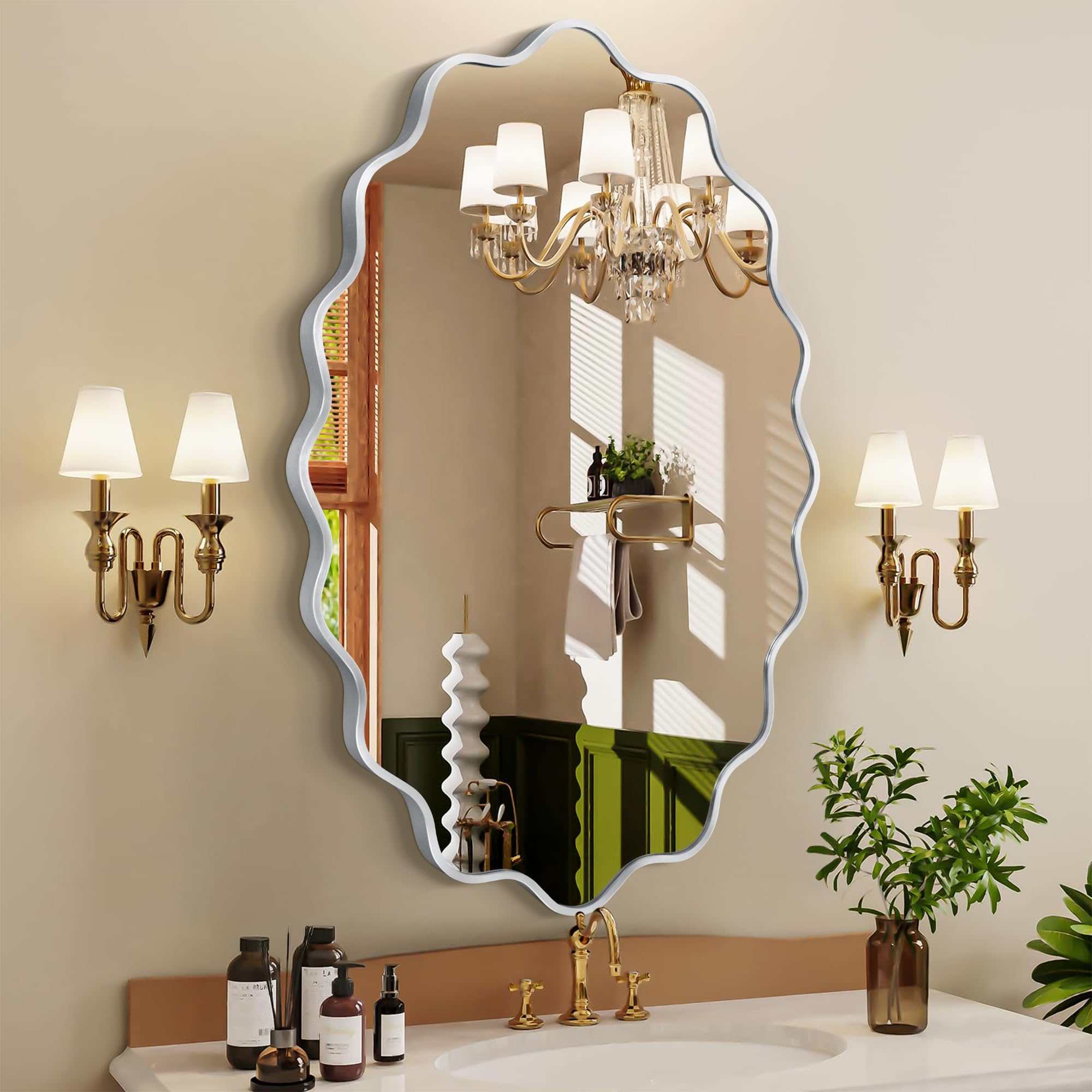 Miroir mural ovale ondulé salle de bain verre trempé cadre aluminium