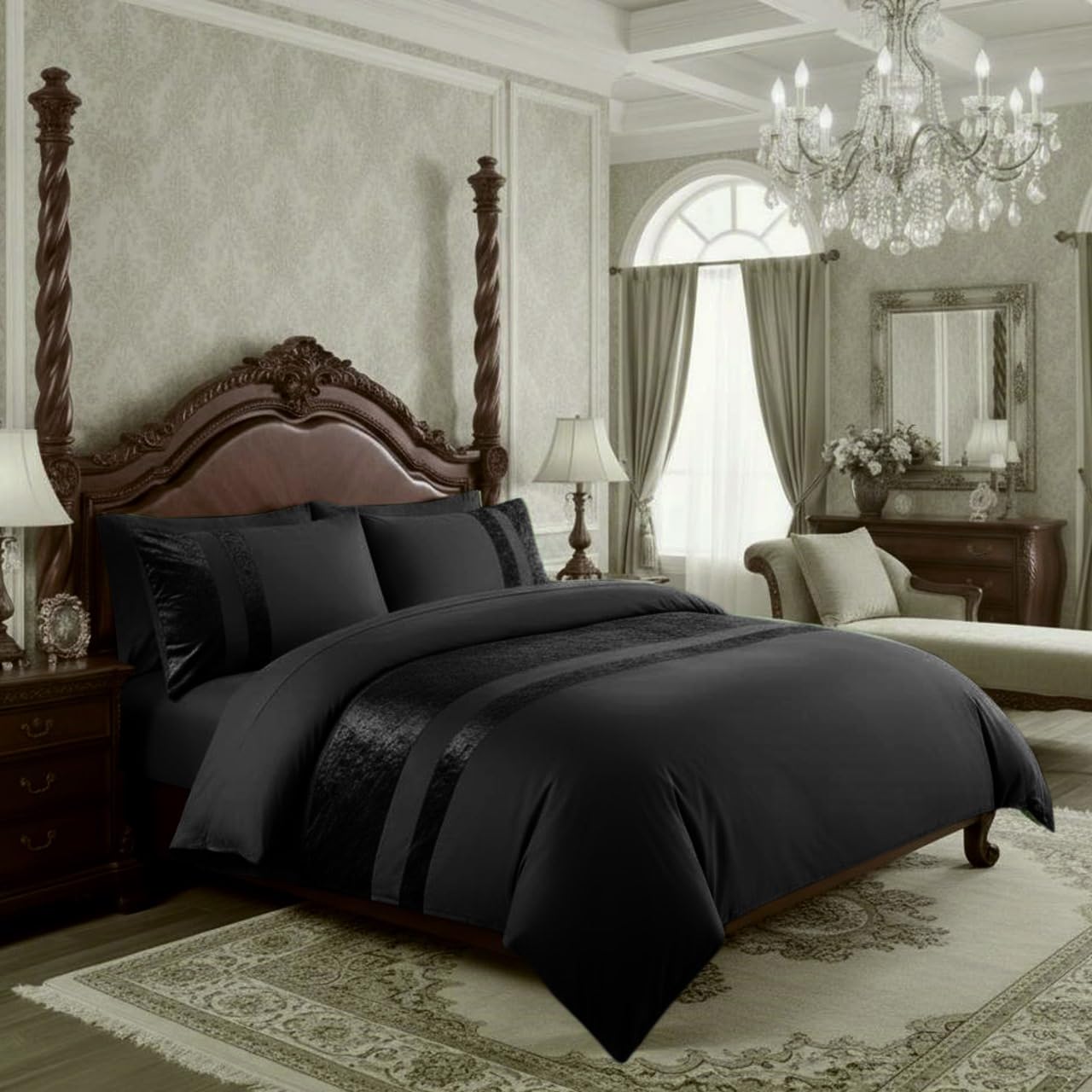 Casabella Luxury Crushed Velvet Panel Band Duvet Cover Sets with Pillow Case Single Duvet Cover Bedding Set – Black Crush Velvet Single Duvet Cover Sets