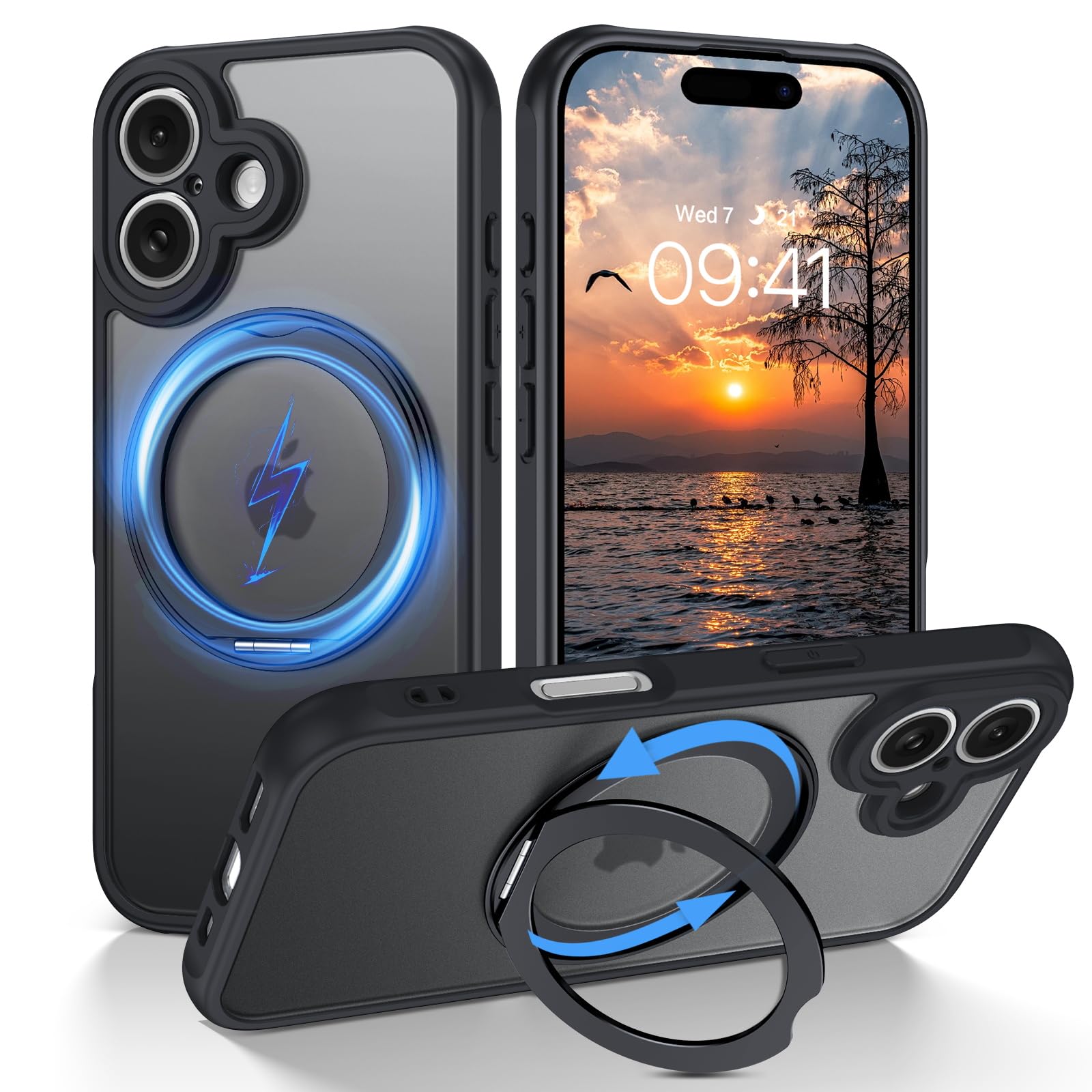 【360度回転スタンド・薄くて軽い】GaoBao iphone 17 用 ケース 半透明 マット感 耐衝撃 薄型 シンプロテクター ストラップホール付き 衝撃吸収 MagSafe対応 ワイヤレス充電対応 角保護強化 マグネット 黄ばみ防止 あいふおん17 ケース ブラック