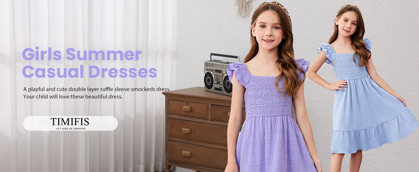 TIMIFIS Girls Summer Dresses - Ruffle Sleeve Midi A-Line Swing Dress For Ages 3-14 Years