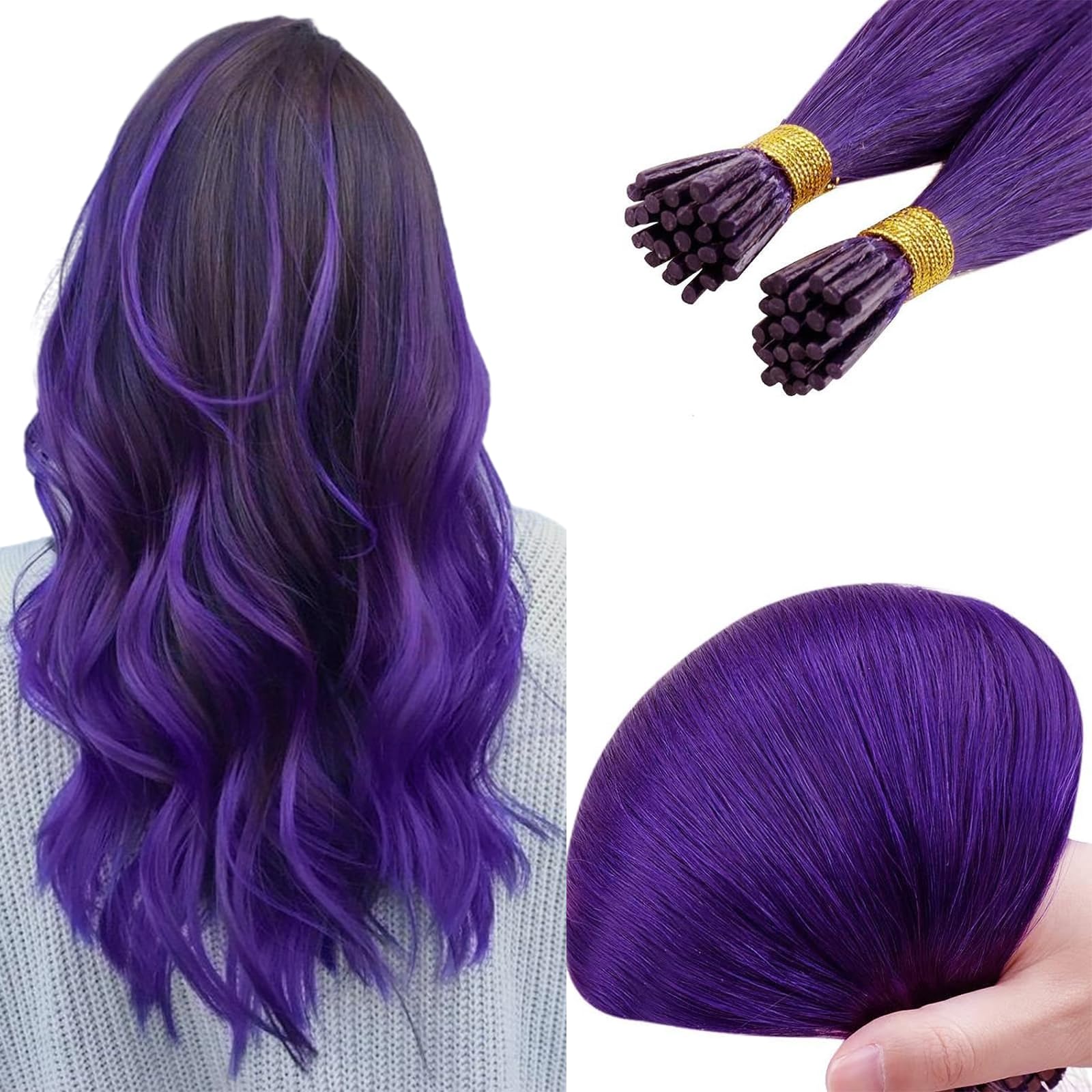 RUNATURE Purple Stick I Tip Hair Extensions Human Hair Purple PreBonded Hair Extensions Keratin I tip Extensions Hair 16 Inch 20Gram