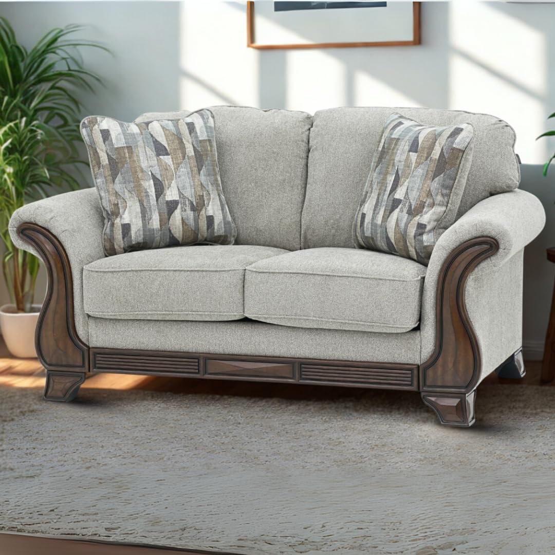 Royaloak Amber Fabric Sofa 2 Seater | Soft Grey Upholstery with Thick Cushions | Designer Wooden Arm Panels and Wood Finish Skirting Legs | 2 Seater Sofa with Super Soft Cushions for Comfort-image-28