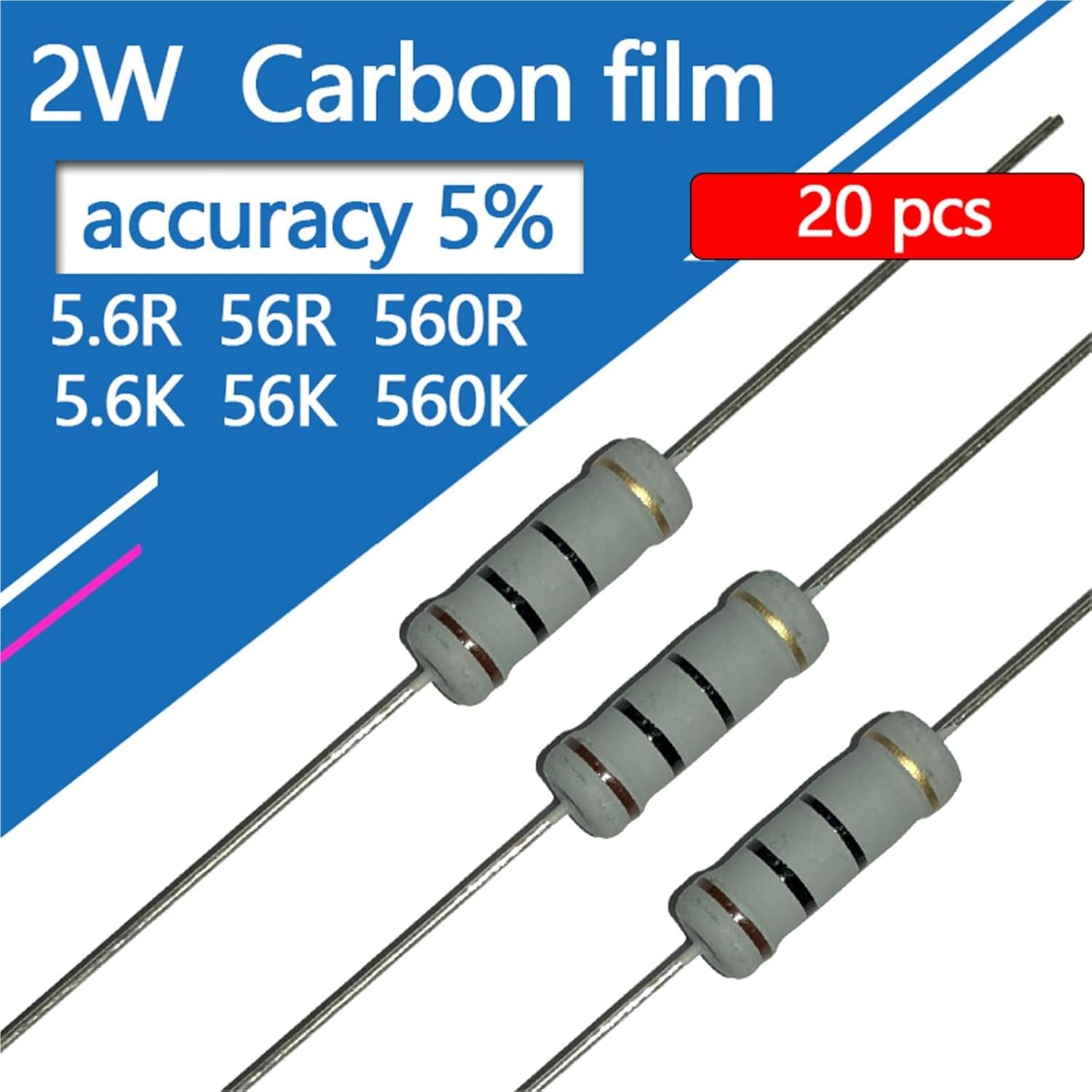 2W Carbon Film Resistor 5R6 56R 560R 5K6 56K 560K 5.6 56 560 R K Ohm 5% Resistance 20Pcs(CF 2W 1M 20pcs)