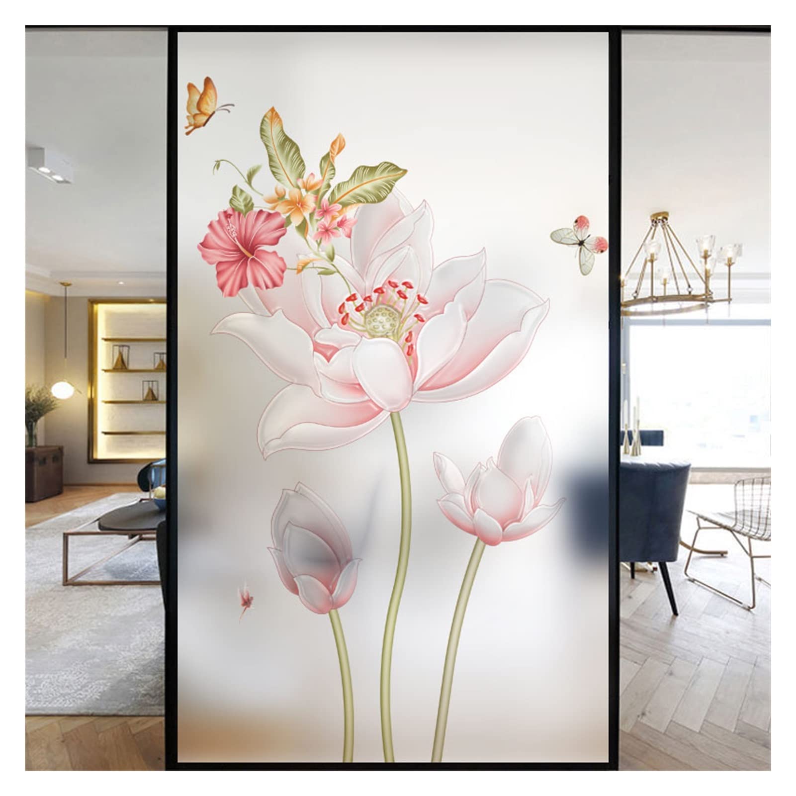Stained Glass Window Film Windows Film Decorative Beautiful Lotus Flower Stained Glass Window Stickers No Glue Static Cling Frosted Window Cling(Pattern D,60x200cm WxH)