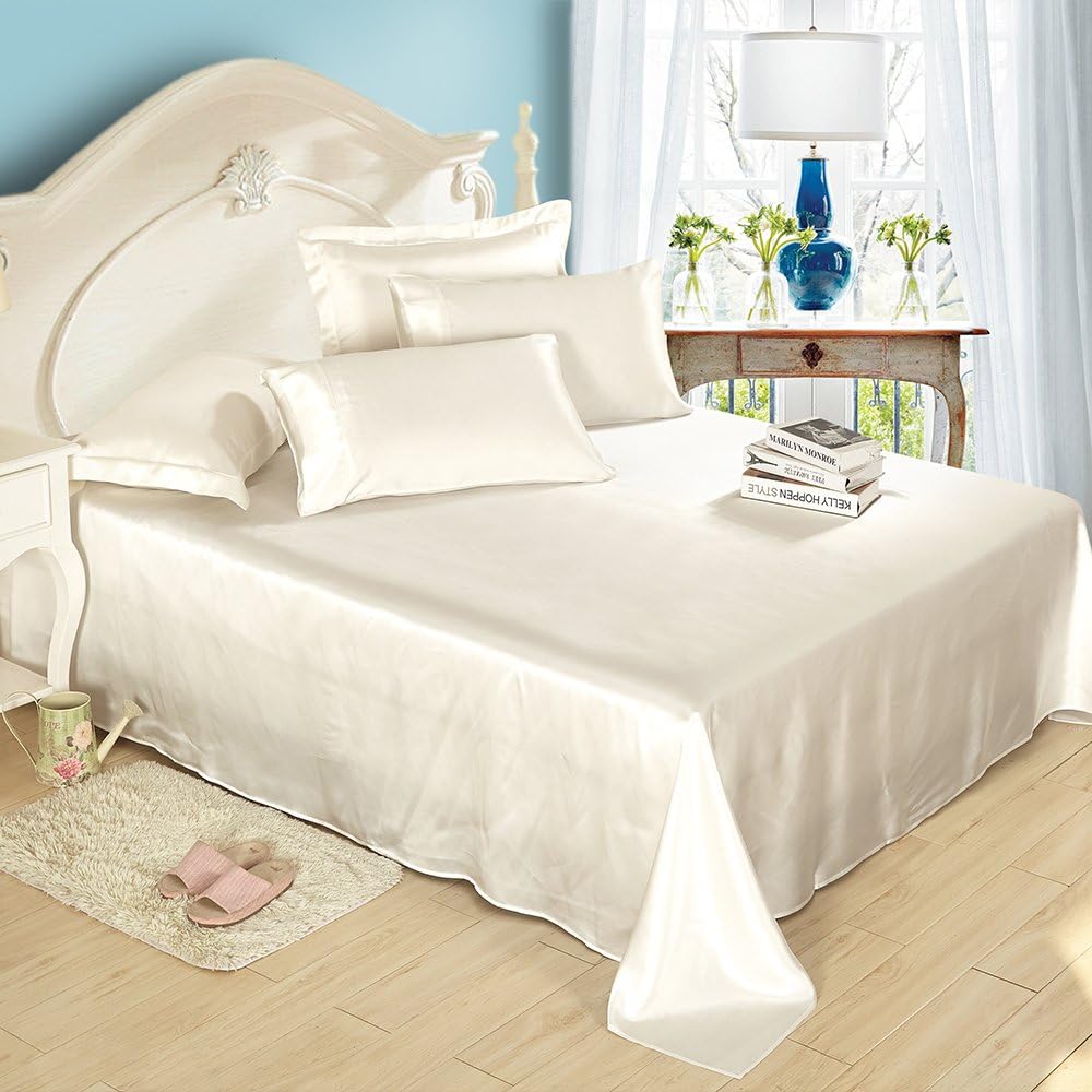 LilySilk 4PC Silk Bedding Sets 25 Momme Mulberry Silk, 1 Silk Fitted Sheet, 1 Silk Flat Sheet, 2 Silk Pillowcases Ivory Queen