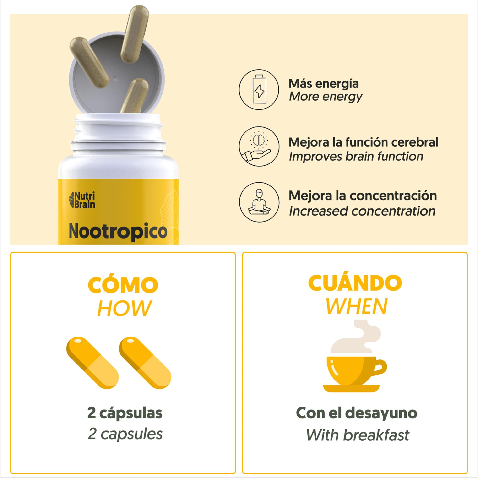 Pack Nootrópico Natural + Triptófano con Melatonina (60 + 70 cápsulas) - Energía y Descanso - Sueño Profundo y Energía para el día a día - Aumenta la Concentración y Agilidad Mental