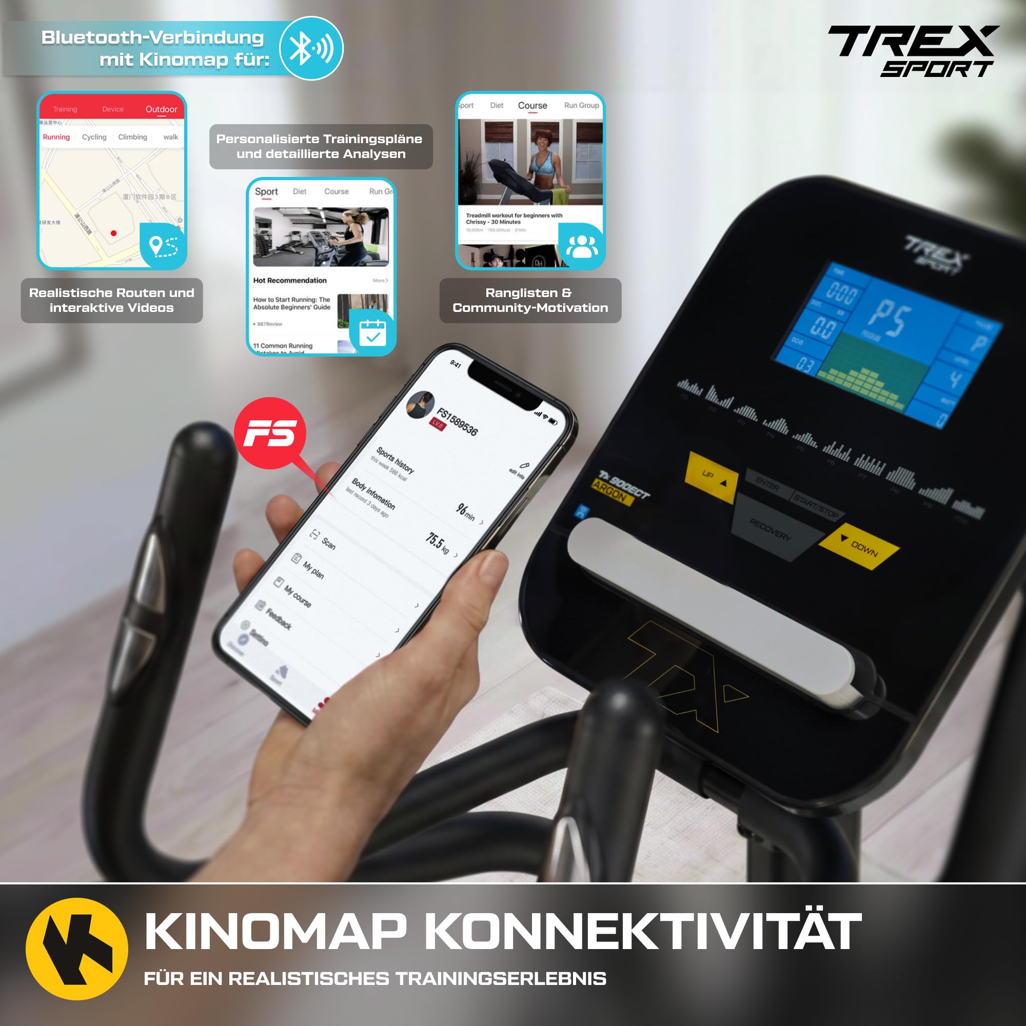 TREX SPORT Crosstrainer für zuhause Argon bis 135kg 32 Stufen Kinomap App | TX-900ECT Ellipsentrainer mit elektromagnetischem System, 18 kg Schwungrad, 32 Widerstandsstufen, 21 Programme, Schwarz