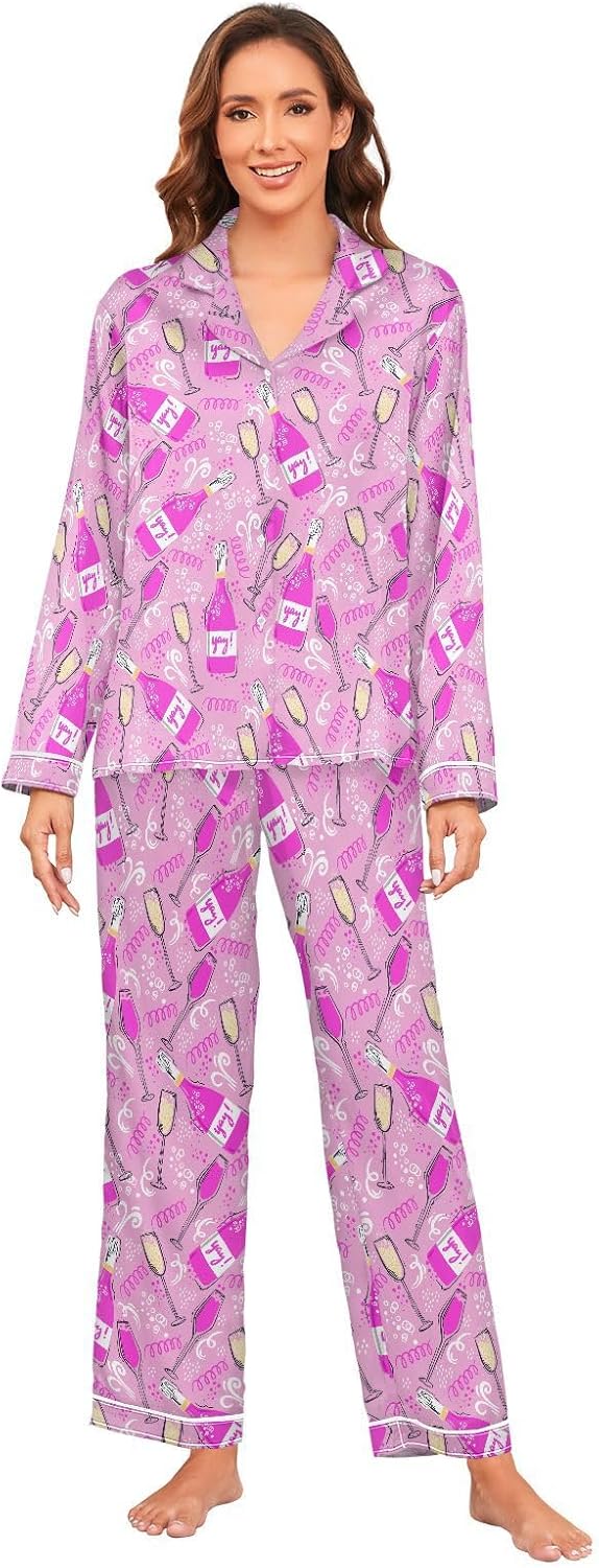 Satin Pajamas Set for Women's Long Sleeve 2 Pieces Button Down Loungewear Sleepwear