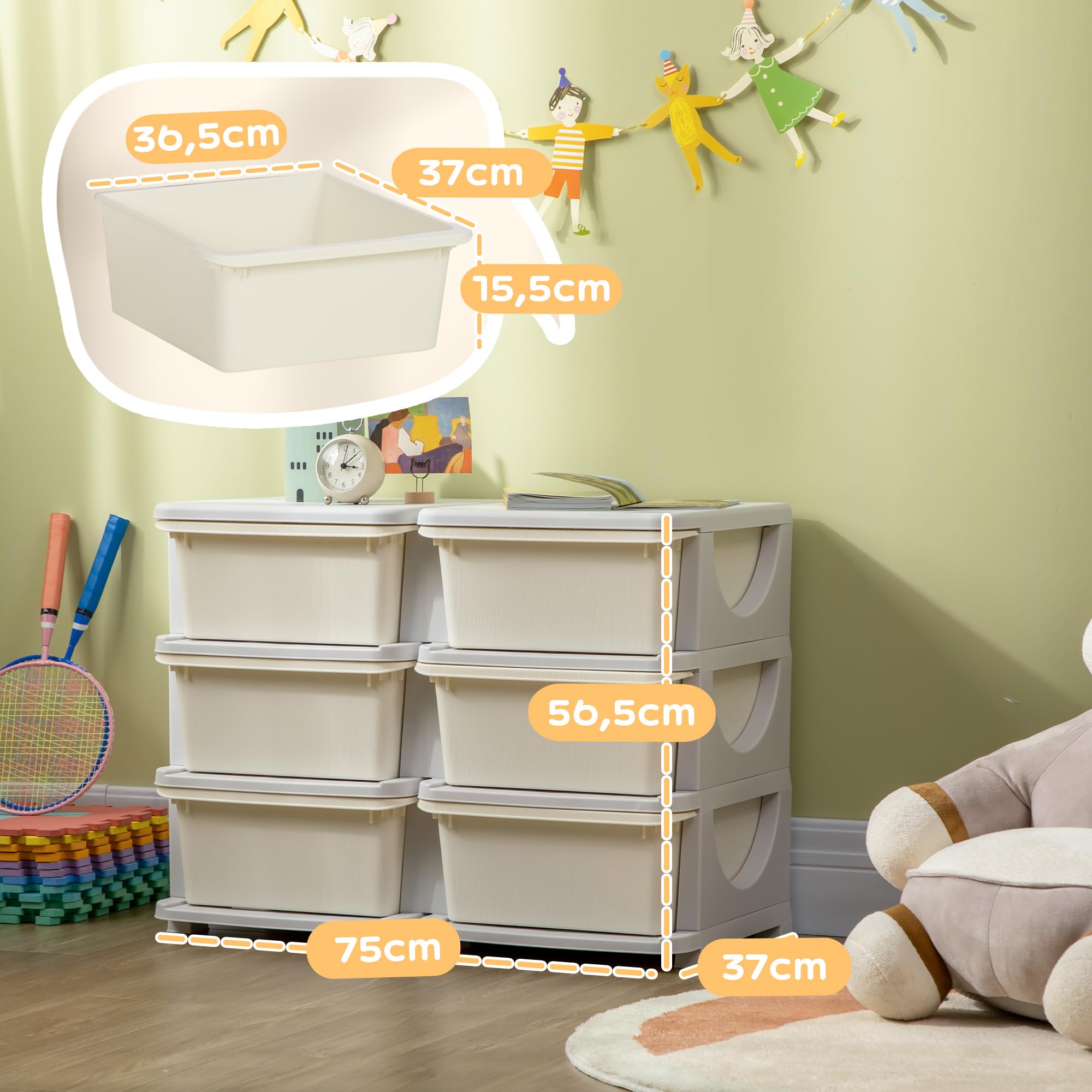 HOMCOM Tour de Rangement en Plastique pour Enfants à 3 Niveaux avec 6 tiroirs, boîtes de Rangement, tiroirs Rangement Jouet pour Chambre d'enfant, crèche, Salon, pour garçons et Filles 3-6 Ans, crème
