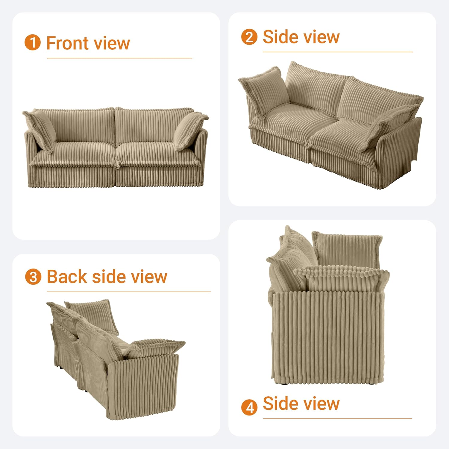 healthomse Cozily Cushioned Corduroy Slipcovered Sofa Couch: A Loveseat Modern Deep Seat Design with Soft Armrests, Big Pillows, Perfect for Apartment and Living Room Comfort (Light Camel, 83.4 Inch)