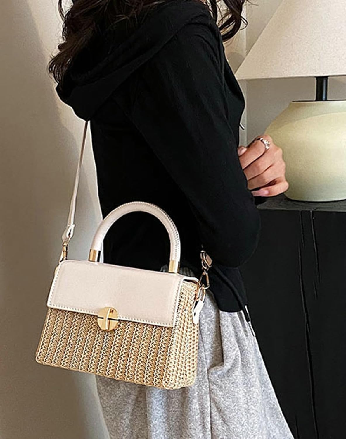 Summer Woven Straw Crossbody Bag Women PU Leather Flap Box Purse Mini Satchel Travel Beach Satchel Handbag