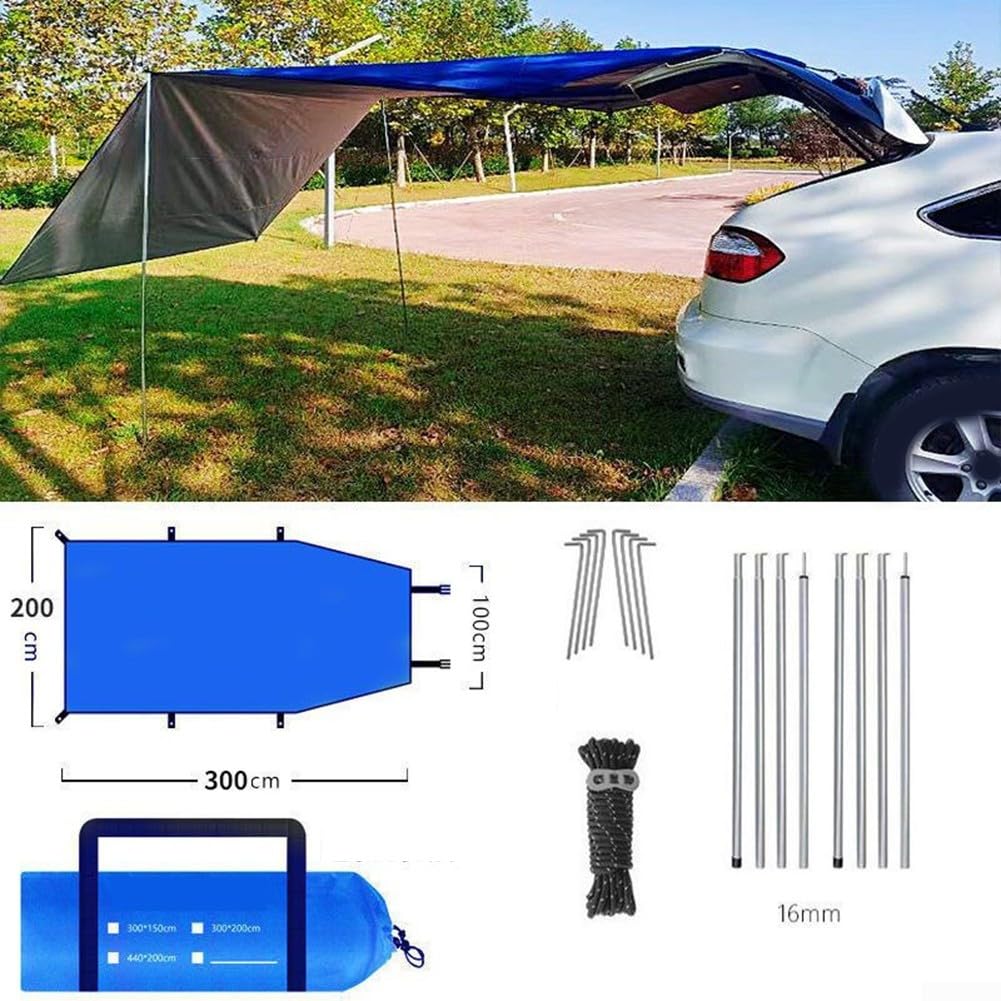 Toldo de lona para coche con postes, parasol impermeable Oxford 210D, para camping, toldo de montaje trasero lateral, para SUV, MPV, coches pequeños, amarillo (300 x 200 cm, gris)
