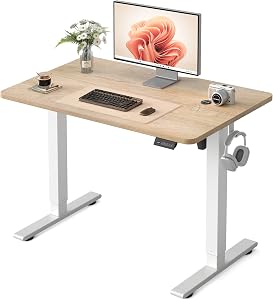 FEZIBO Standing Desk 32 x 19 Inch, Height Adjustable Desk with Memory Buttons, Electric Sit Stand Desk with 7th Gen Lift System, Home Office Table with Splice Board (Maple)