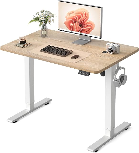 FEZIBO Standing Desk 32 x 19 Inch, Height Adjustable Desk with Memory Buttons, Electric Sit Stand Desk with 7th Gen Lift System, Home Office Table with Splice Board (Maple)
