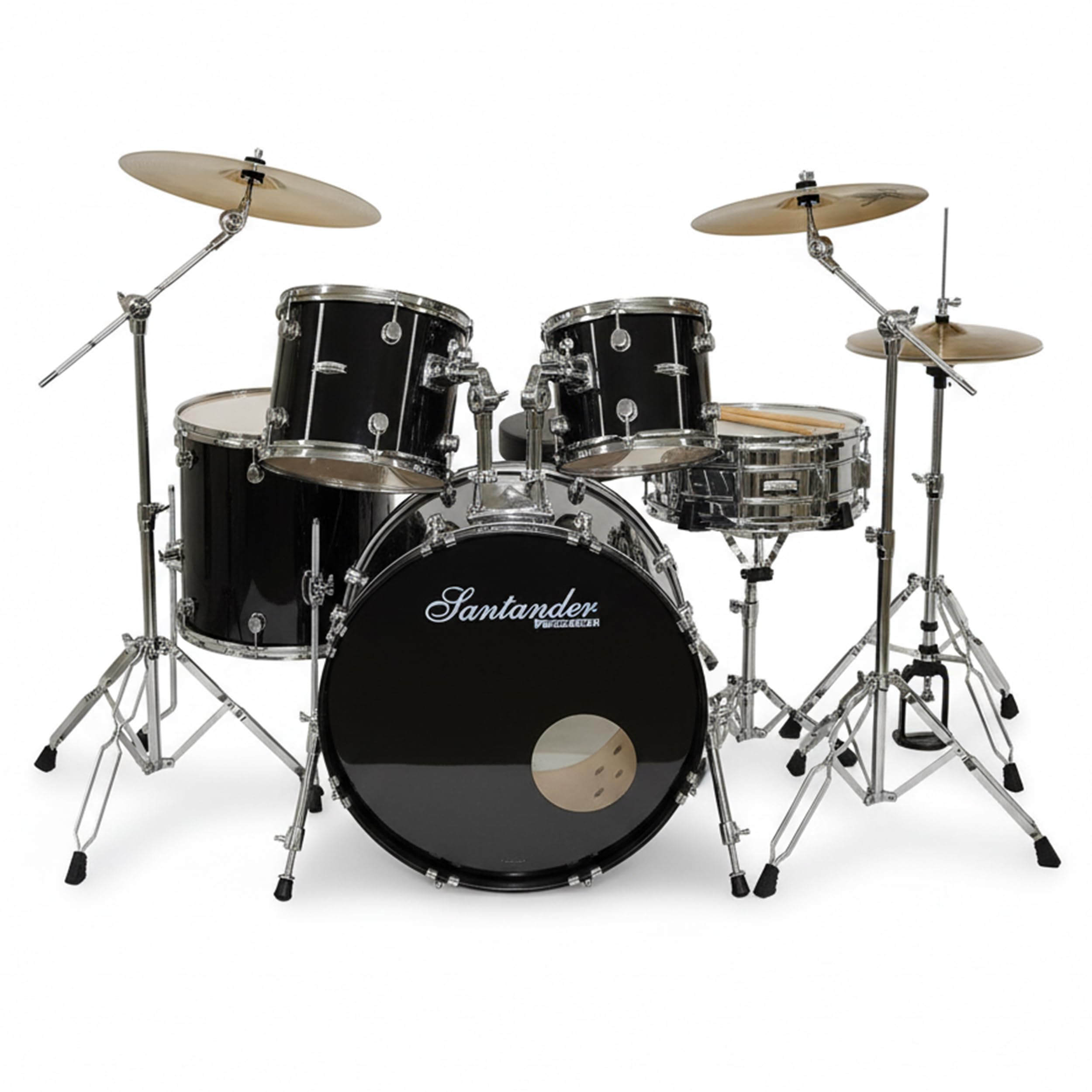 Santander Schlagzeug Set 9-teilig schwarz – Musik-Lern-Instrumentenset für Anfänger, Jugendliche & Schüler – mit Becken, Ständer, Hocker, Snaredrum, Bassdrum, Toms - in Hochglanz schwarz